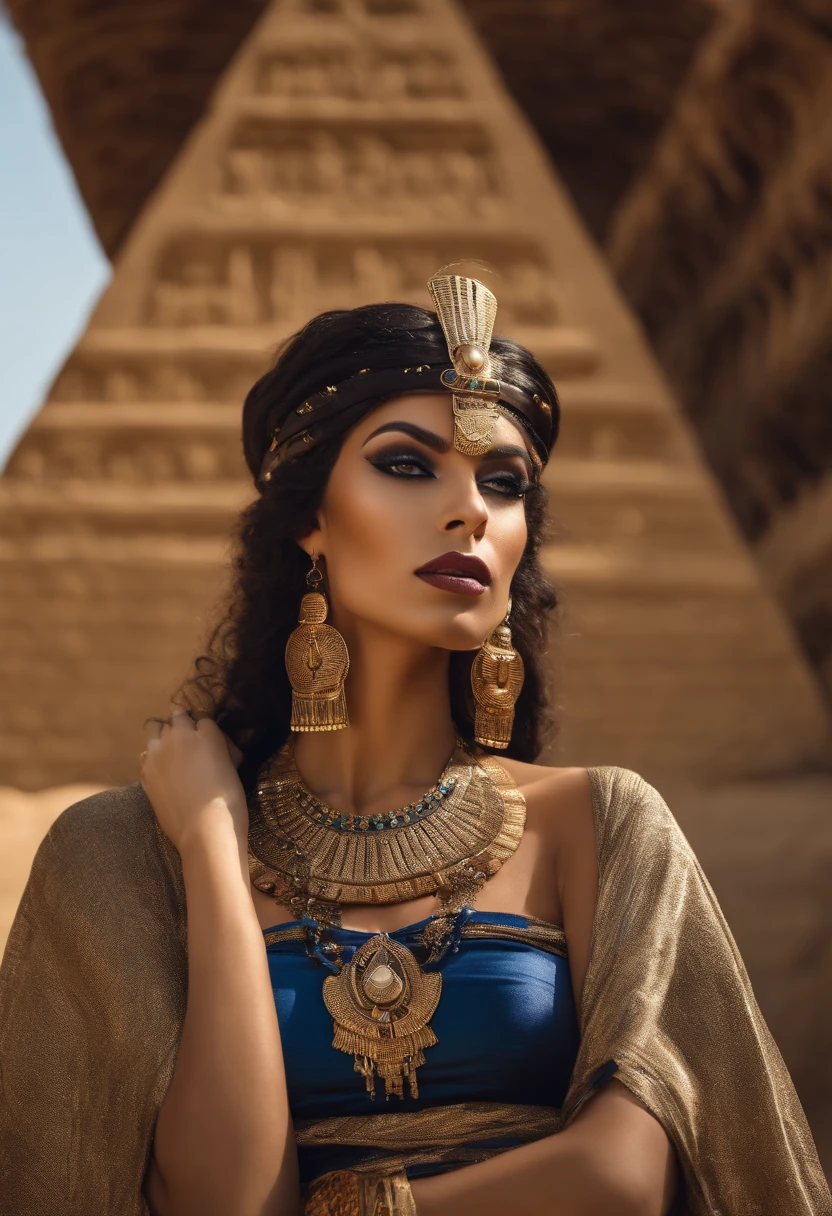 Photo of jortega in a semi transparent Cleopatra outfit, solo, blue eyes, reverse bob haircut, big breasts, facing camera, open exterior hallway with stone walls and floors, warm atmosphere, photograph, photoshoot, Captured by Panavision Panaflex Platinum Camera with Panavision Primo Primes Spherical Lens 75mm T1.9