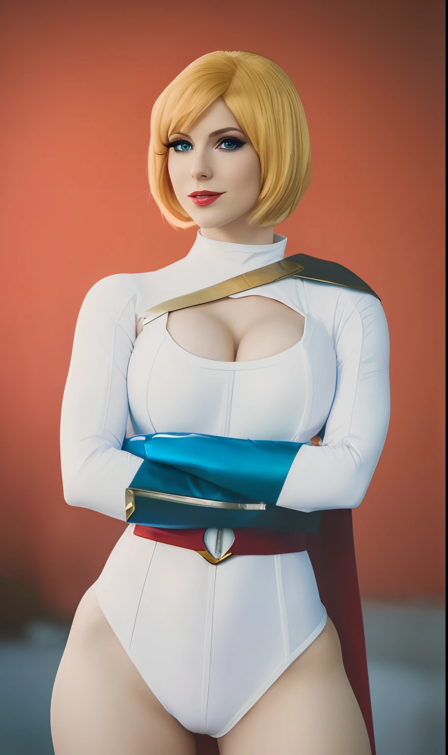 arafed woman in a white bodysuit with a red cape, power girl, amouranth as a super villain, full-cosplay, cory chase as an atlantean, inspired by Li Chevalier, as a retro futuristic heroine, amouranth, cosplay photo, professional cosplay, better known as amouranth, cosplay, publicity cosplay