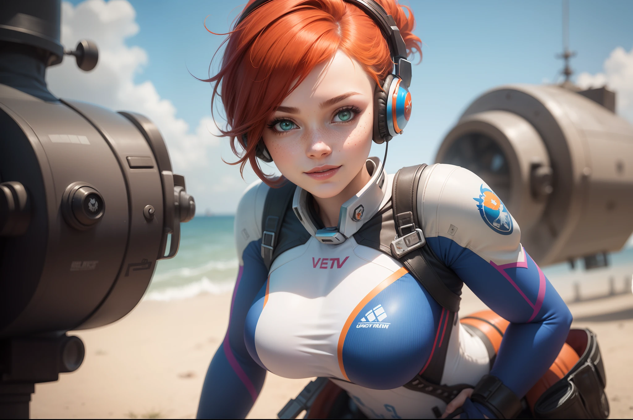 gwen tennyson,1girl,tracer,elsa,rebecca chambers,overwatch,gundam,close up,mecha pilot,battleship deck,white and blue plugsuit,hair pin,pirate corset, white long sleeve lycra top,orange leggings,short hair,cute makeup,green eyes,orange and blue hair,shy smile, freckles,redhead,beautiful girl,large breasts,ultra detailed,realistic,fantasy art, gaming headset,pilot jacket,helicopter,