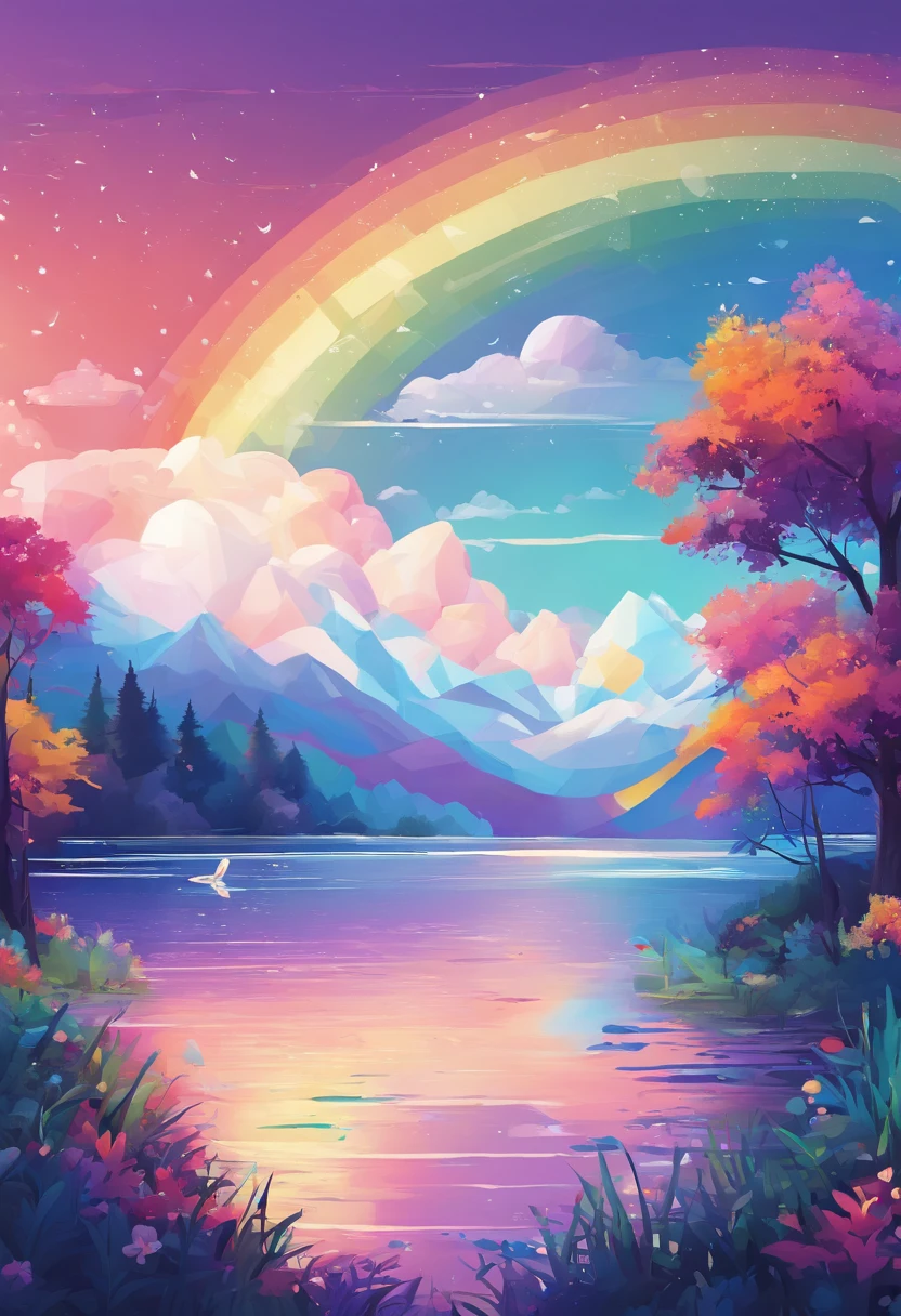（（Rainbow after rain）），Skysky, blue colors, baiyun, after rainny, rays of sunshine, refractions, Seven colors, Red, Orange, Yellow, Green, Blue, Violet, arc-shaped, A bridge to heaven, llight rays, dream magical, wanting, Calm lake, inverted image, The outline of the tree, Birds fly, freshen, magical, Beautiful natural landscape