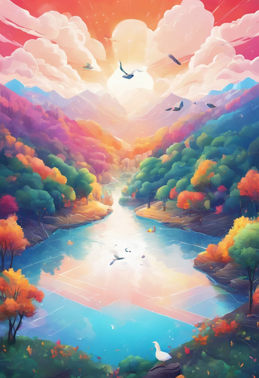 ((Rainbow after rain)),Skysky, blue colors, baiyun, after rainny, rays of sunshine, refractions, Seven colors, Red, Orange, Yellow, Green, Blue, Violet, arc-shaped, A bridge to heaven, llight rays, dream magical, wanting, Calm lake, inverted image, The outline of the tree, Birds fly, freshen, magical, Beautiful natural landscape