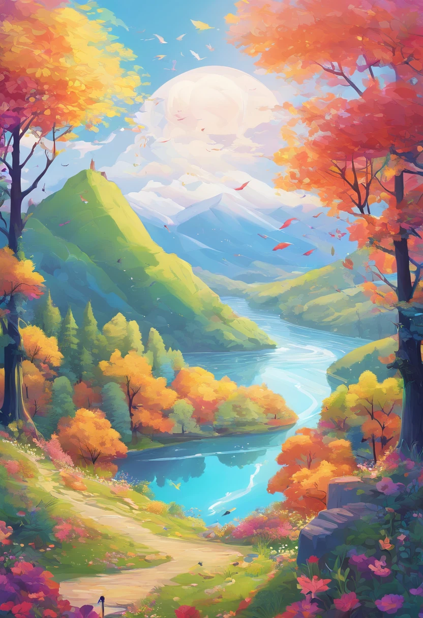 （（Rainbow after rain）），Skysky, blue colors, baiyun, after rainny, rays of sunshine, refractions, Seven colors, Red, Orange, Yellow, Green, Blue, Violet, arc-shaped, A bridge to heaven, llight rays, dream magical, wanting, Calm lake, inverted image, The outline of the tree, Birds fly, freshen, magical, Beautiful natural landscape