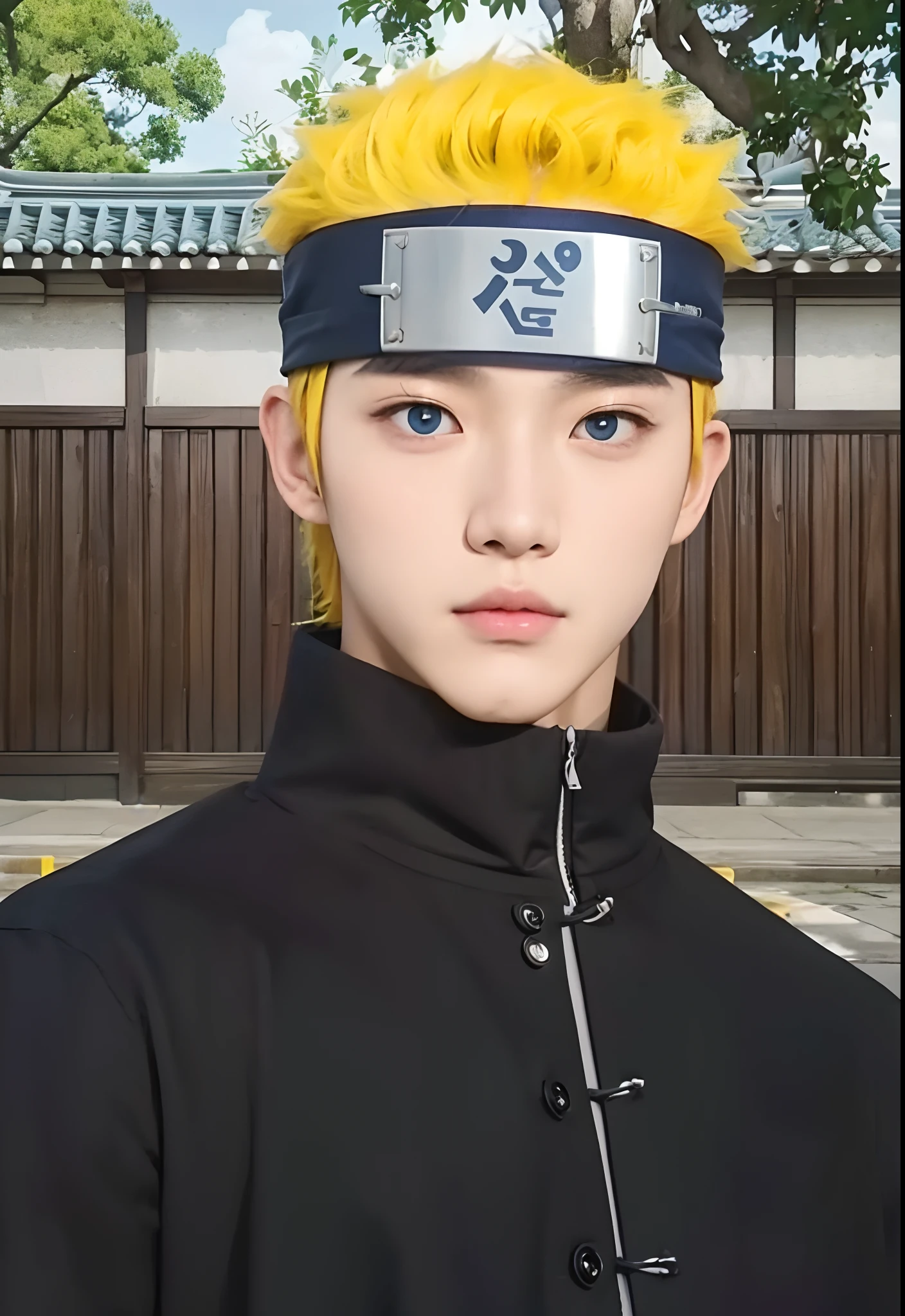 Real life adaption of this character, ((Korean teen handsome face)), Realistic blue eyes,((very realistic Messy hair)),wear realistic headband , realistic same outfit, hyper realistic, realism, realistic light, realistic shadow,(photorealistic:1.2),Cool expression