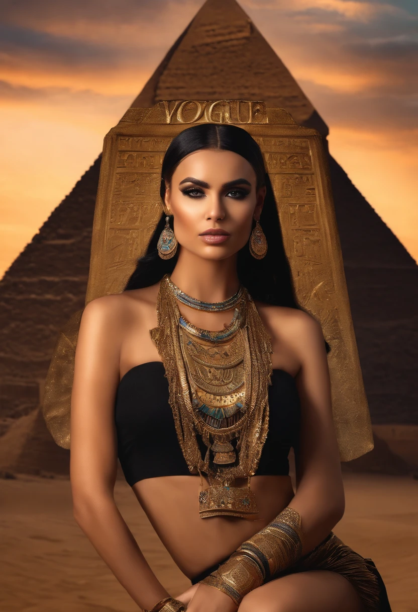 Hyper realistic photoshoot woman model vogue fashion magazine cover inspired by egyptian goddess modern days realistic skin hair face posing cleopatra Egyptian pyramids realistic person with goth fashion detailed clothing