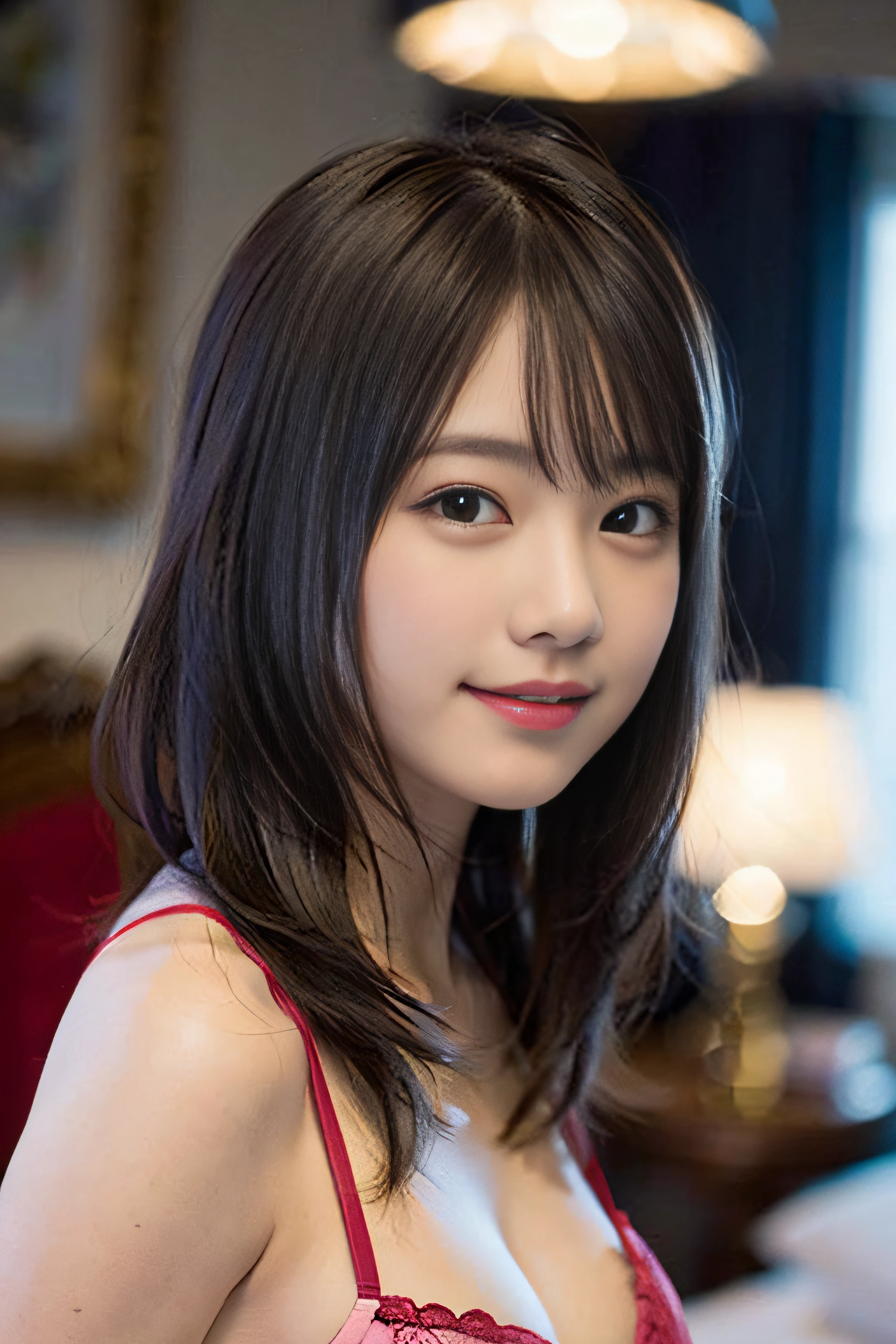 (8K、Raw photography、top-quality、​masterpiece:1.2)、(realisitic、Photorealsitic:1.37)、ultra-detailliert、超A high resolution、女の子1人、see the beholder、beautifull detailed face、A smile、Constriction、(Slim waist) :1.3)、Beautiful detailed skin、Skin Texture、Floating hair、Professional Lighting、Whole human body、Longhaire、Pink and white striped underwear、cleavage of the breast、childs room、a bed、Suppin、Bob Hair、E-cup、Happy smile、sixteen years old、Red ribbons