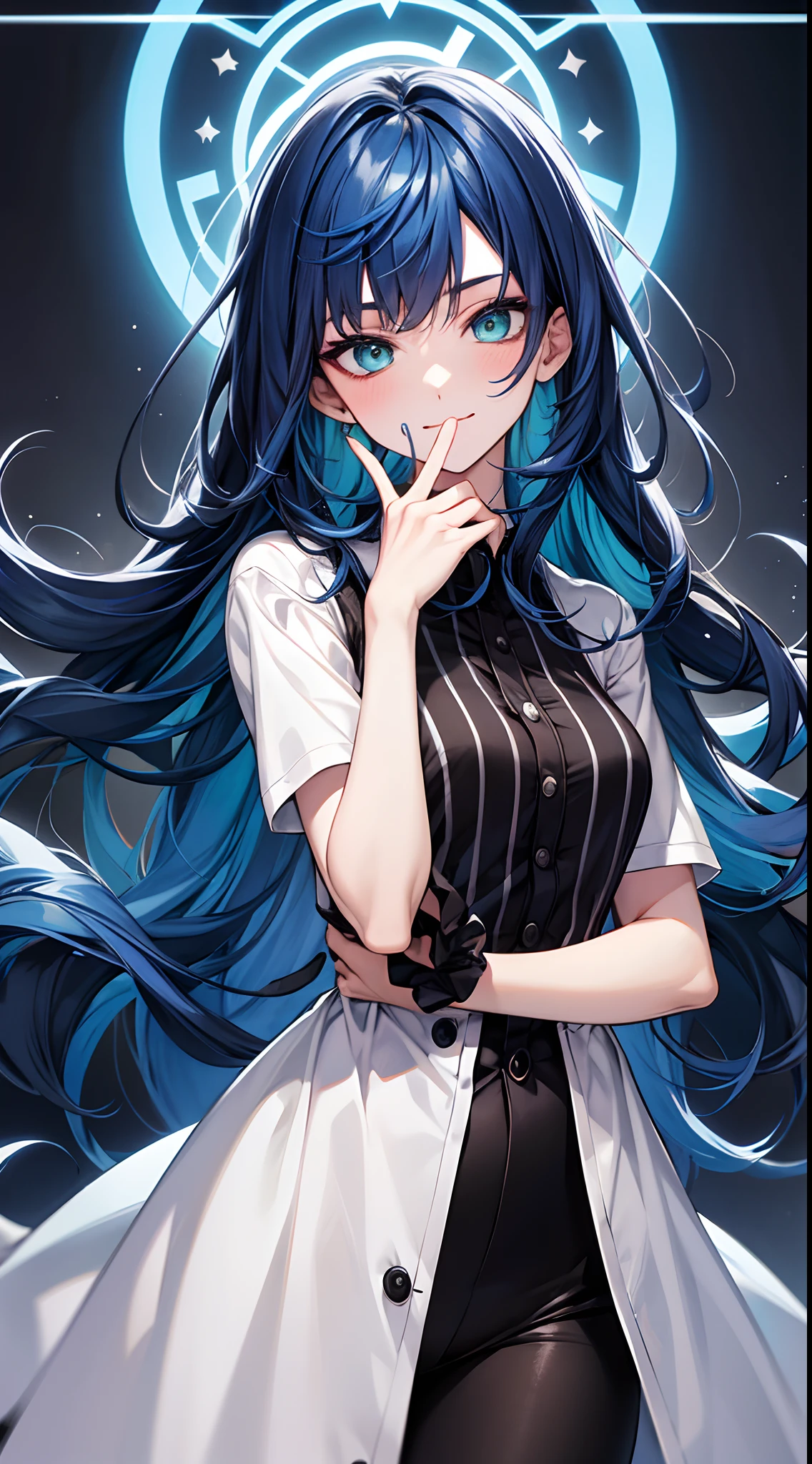 １femele, Face Focus, [[[[[[[Adults]]]]]]], frontage,[[[Standing picture]]]、white backgrounid、top-quality, adopt, A detailed face, [[[full bodyesbian]]]、[[[Standing Picture]]], [[[23years old]]], bangss, [[a smile]]、Black shirt、detective、[[[confident look]]], Blue hair, Green eyes,