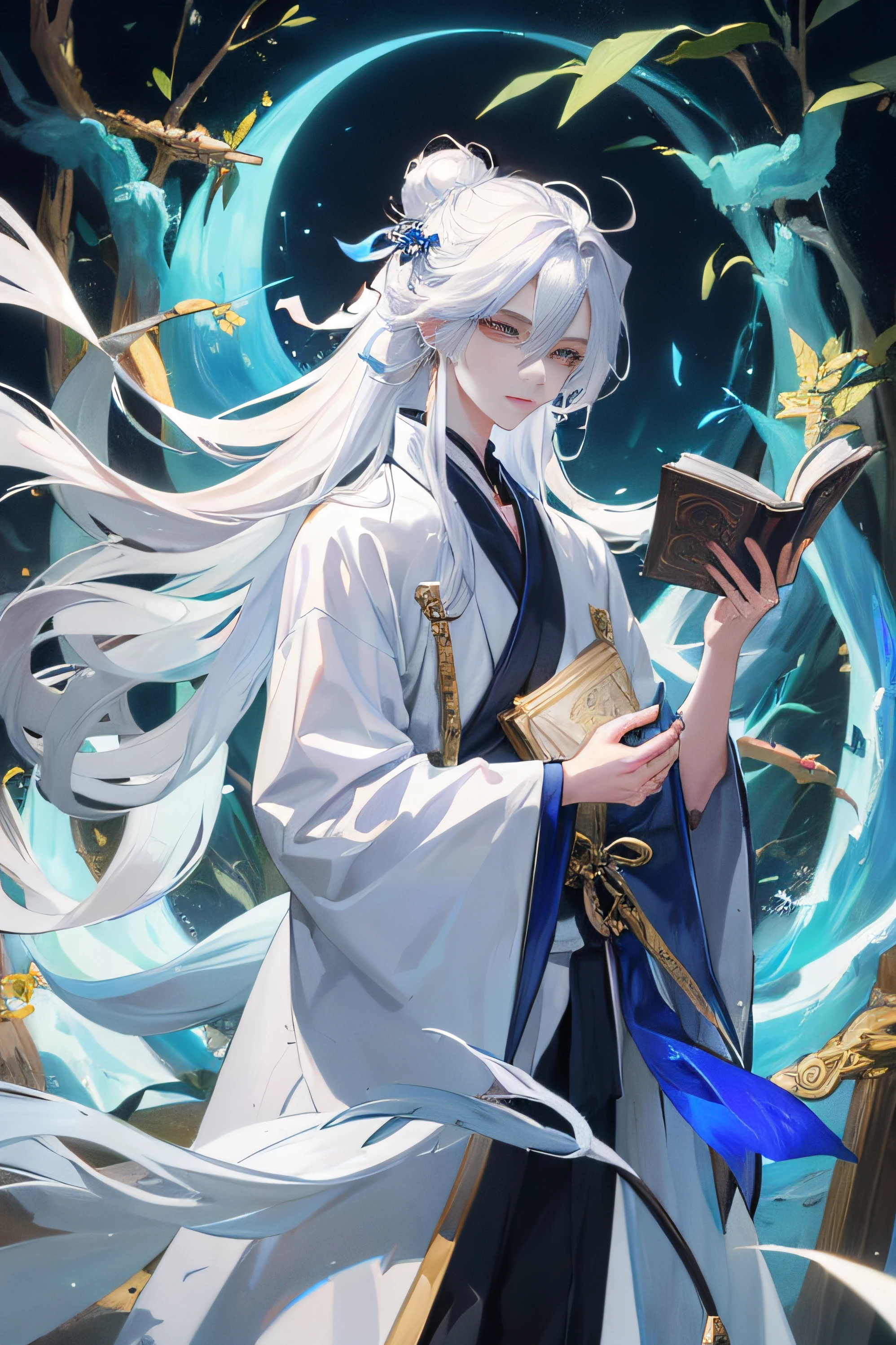 ((Official fine art,tmasterpiece)):0.9,Sharp focus,1 boy,cool guy,fox spirit,ember,China-style,Oriental fantasy,fox ear,Blue and white robes,long white hair,golden hair accessory,apathy,high and cold,A male god,Book of Life and Death,bamboo forrest,cold shades,gloom,Long silver hair fluttering in the wind,Bunched hair,Sword eyebrows