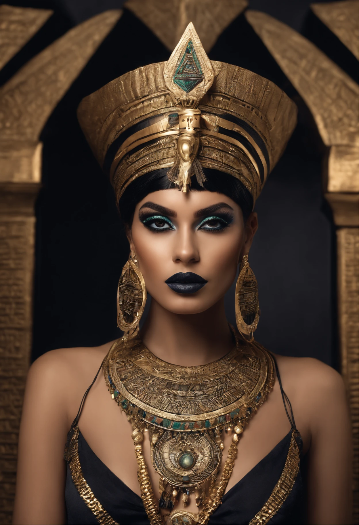 Photorealistic, high resolution, Soft light,1womanl, Solo, Hips up, shiny skins, (Detailed face), A woman wearing an idol of the god Anubis on her head, jewelry, tattoo,HD8K