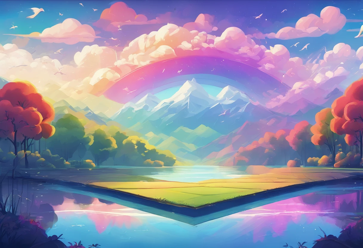 ((Rainbow after rain)),Skysky, blue colors, baiyun, after rainny, rays of sunshine, refractions, Seven colors, Red, Orange, Yellow, Green, Blue, Violet, arc-shaped, A bridge to heaven, llight rays, dream magical, wanting, Calm lake, inverted image, The outline of the tree, Birds fly, freshen, magical, Beautiful natural landscape