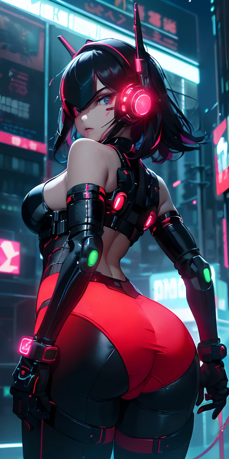 top-quality))、((masterpiece)、cyberpunked、Big buttocks、Electronic visor attached to -yeld gis face with emphasis on buttocks、Cyberpunk Fashion、Sexy Posing、(Wearing red body spats on the lower body、Breasts enlarged、Neon lights in dark city at night