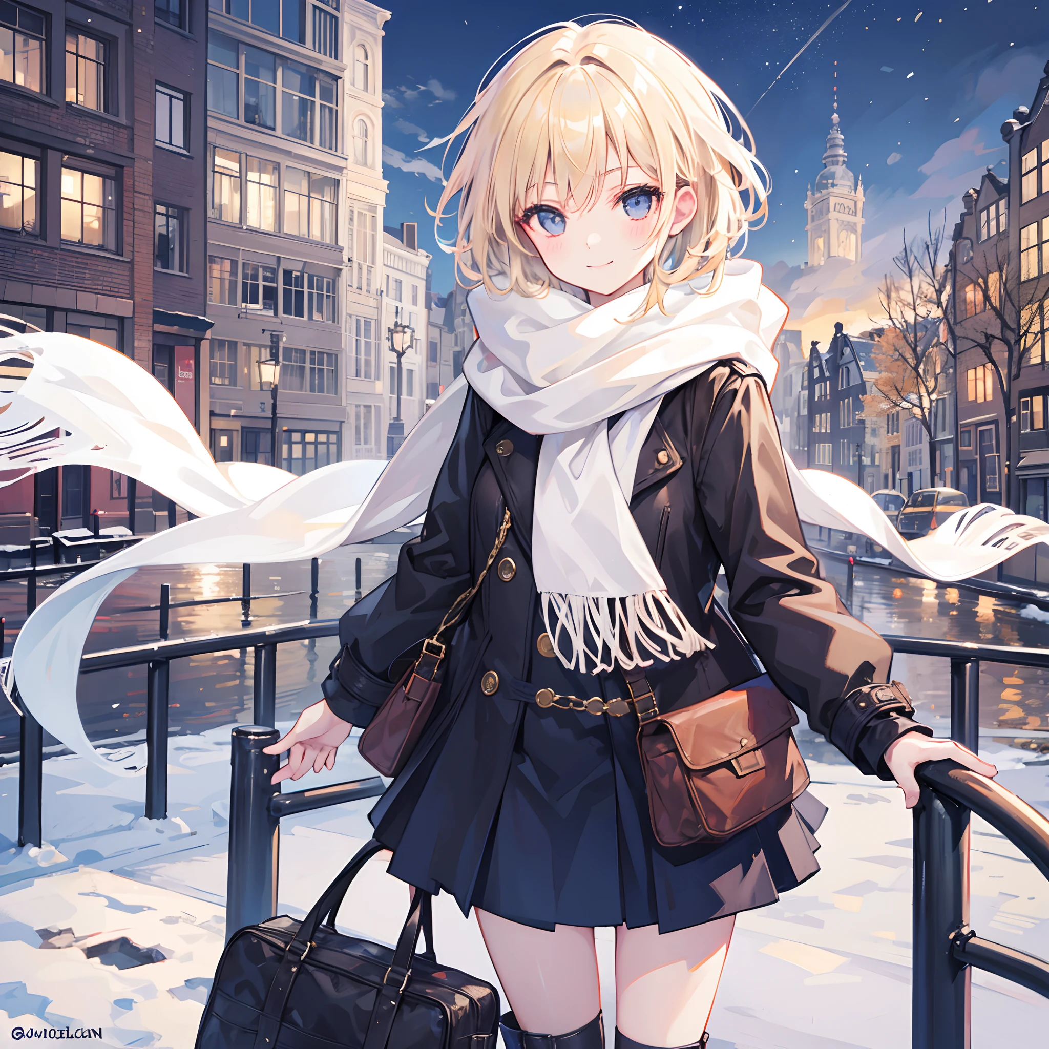 1 girl, smiling, european, winter coat, scarf, skirt, (small) chillerism, short blonde hair, Amsterdam