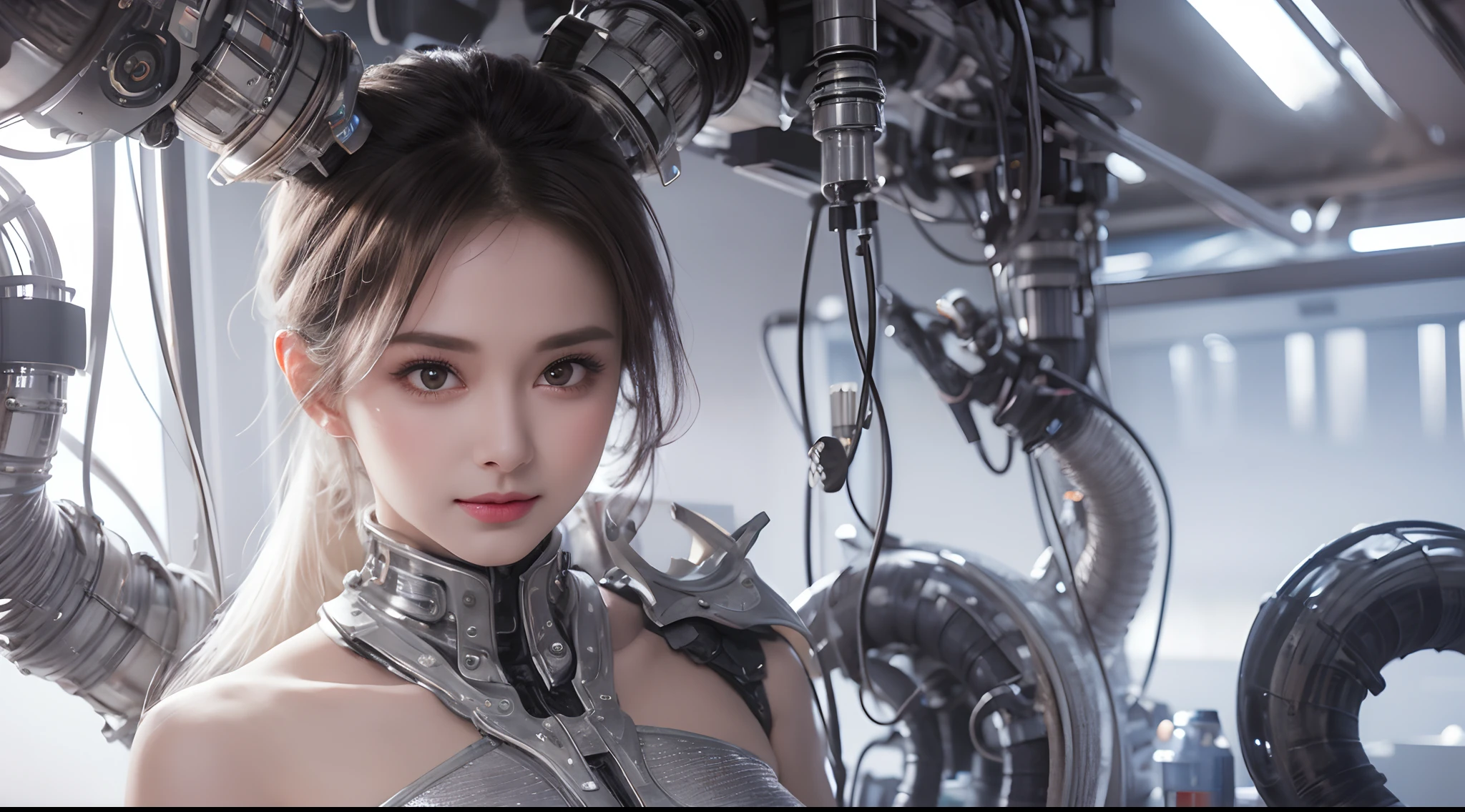 A close-up head and chest portrait of a pretty and cute woman, her chest adorned with pneumatic tubes that give her a unique and futuristic appearance. The highly detailed digital rendering captures every aspect of her beauty, from her delicate features to the intricate tubes.