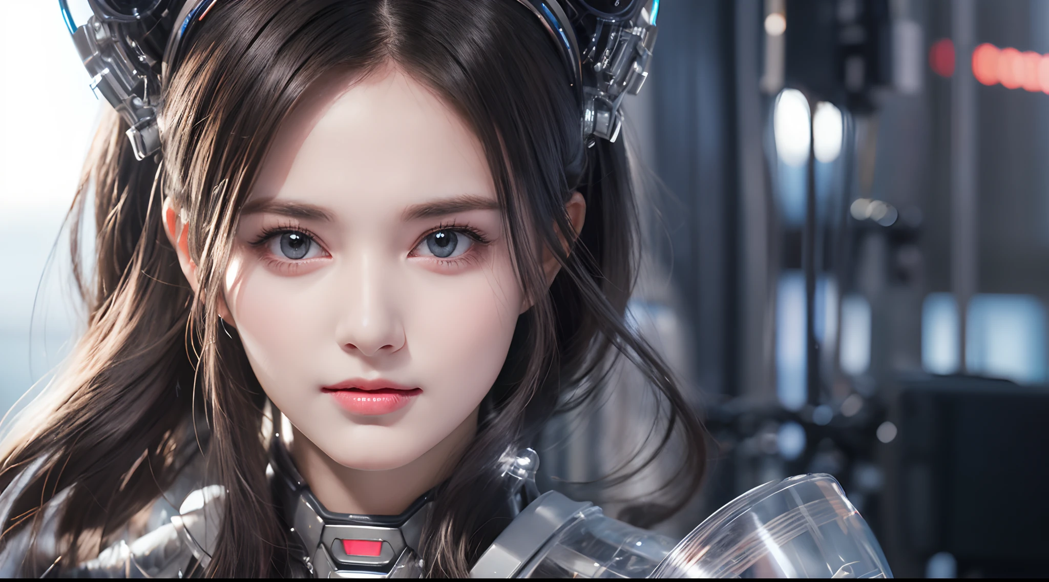 Top Quality, Masterpiece, Ultra High Resolution, (Photorealistic: 1.4), Raw Photo, 1 cyberpunk Girl, Black Hair, Glossy Skin, 1 Mechanical Girl, (Ultra Realistic Detail)), Full body, Global Illumination, Contrast, Shadows, Octane Rendering, 8K, Ultra Sharp, Cleavage Exposed, Raw Skin, Metal, Intricate Ornament Details, Japan Details, Very intricate details, realistic light, CGSoation trend, facing the camera, neon details, mechanical limbs, blood vessels connected to the tube, mechanical vertebrae attached to the back, mechanical cervical attachment to the neck, wires and cables connecting to the head, gundam, small LED lamps.