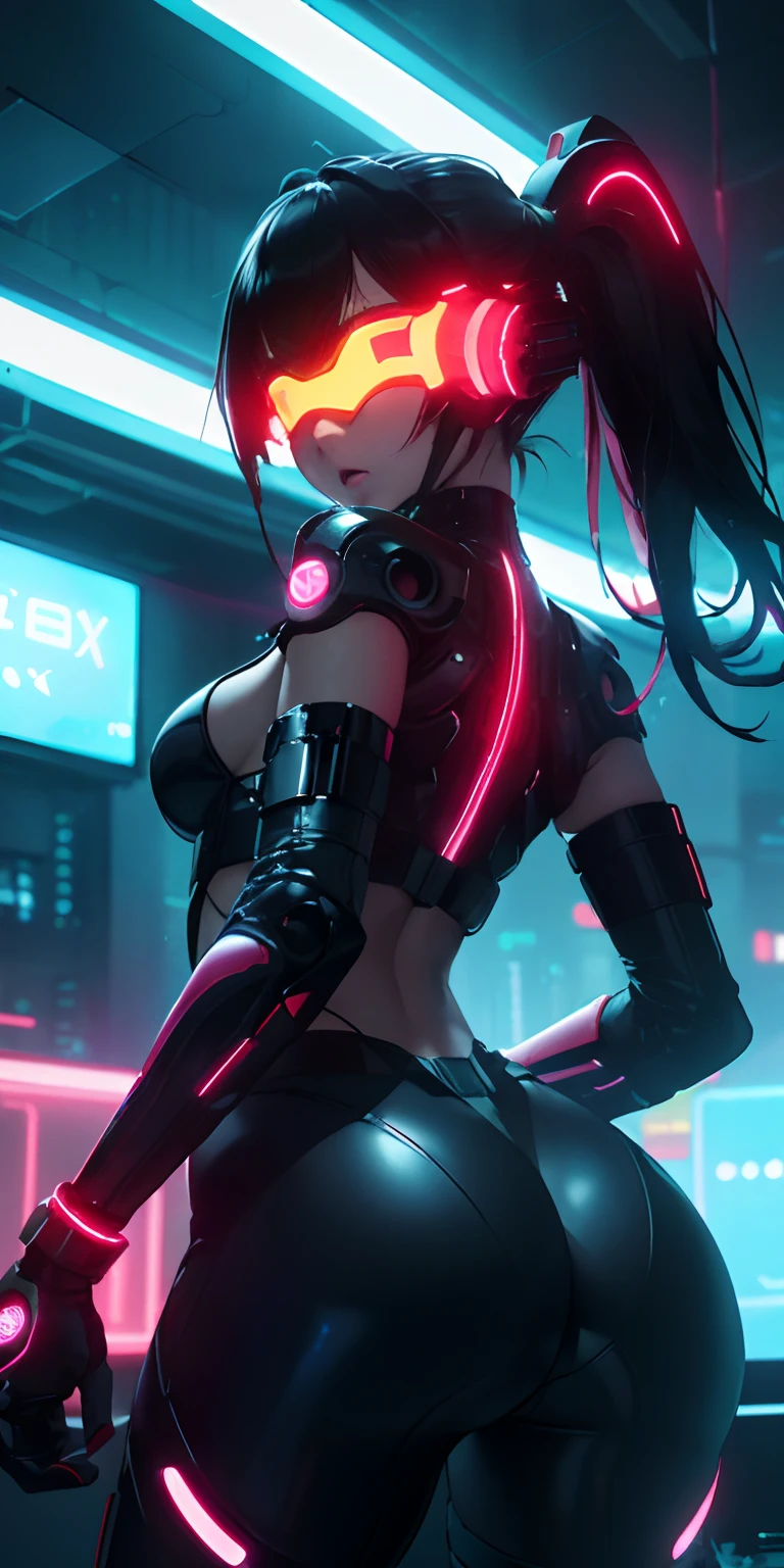 top-quality))、((masterpiece)、cyberpunked、Big buttocks、Electronic visor attached to 12-year-old girl's face with emphasis on buttocks、Cyberpunk Fashion、Sexy Posing、(Wearing red body spats on the lower body、Breasts enlarged、Neon lights in dark city at night