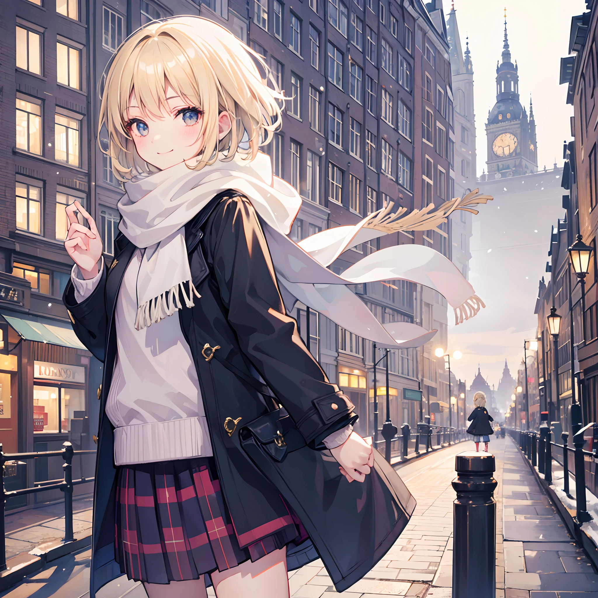 1 girl, smiling, european, winter coat, scarf, skirt, (small) chillerism, short blonde hair, Amsterdam