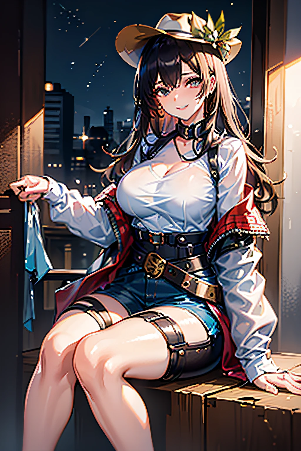 Townscape of the Wild West,Wasteland,Gunslinger Costume,Short leather jacket with open front,Torn and tattered white shirt,Torn and tattered damaged jeans,(Wrap the gun belt around your waist:1.3),(gun holster:1.3),Equipped with a Winchester M73 rifle on her chest,Cowboy Hat,(Generate globally beautiful women images,Especially while reflecting elements of Western beauty,Woman with natural smile and attractive expression,Transparent skin,sparkle in eyes,Expresses an elegant atmosphere,(in 8K, Raw photo, Best Quality, masutepiece),Sunlight ,Cinematic lighting,(Realistic, Photorealsitic),,(crouching down:1.3),