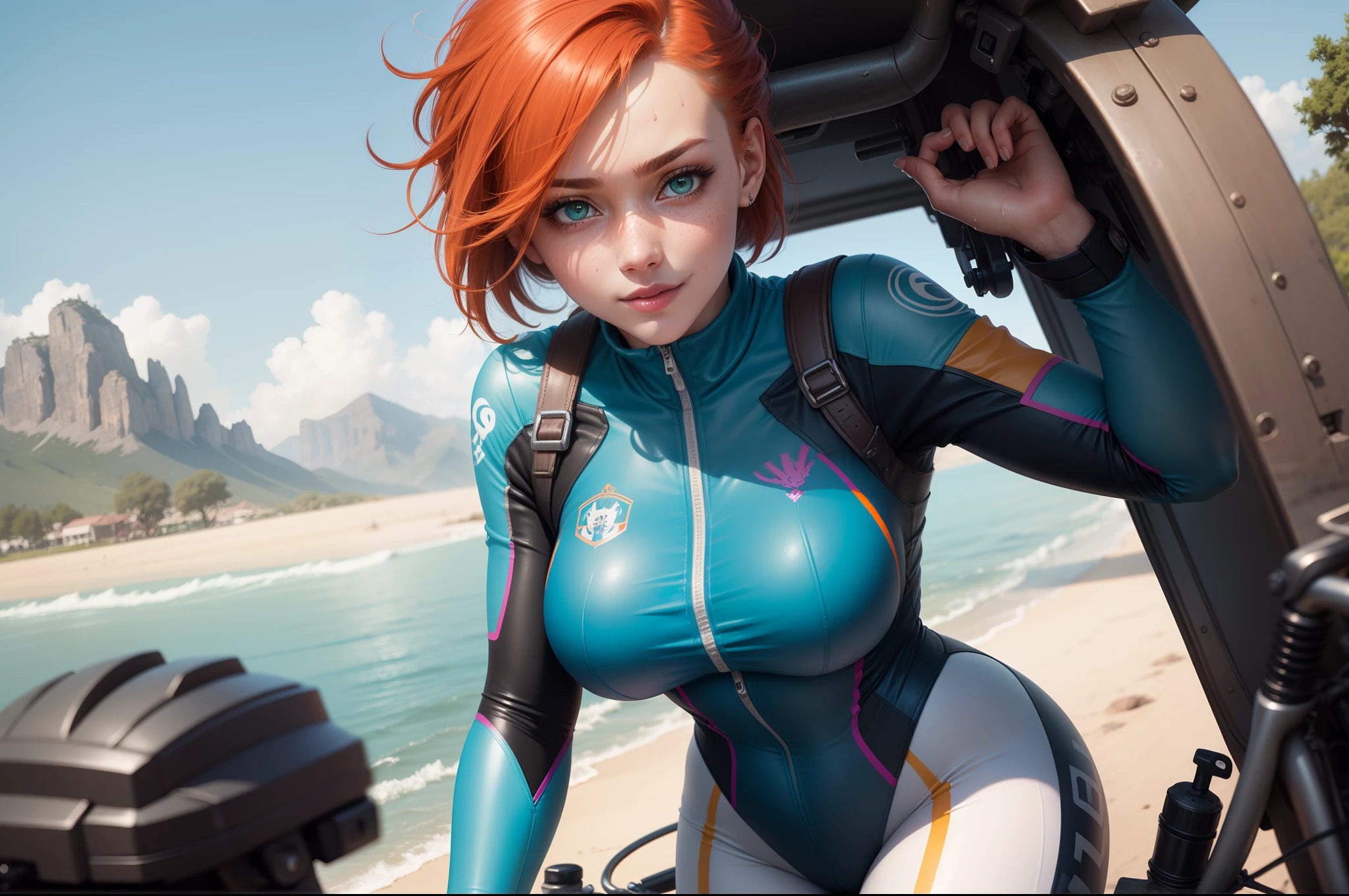 gwen tennyson,1girl,tracer,d.va,rebecca chambers,overwatch,gundam,close up,mecha pilot,mountain view,blue and silver plugsuit,hair pin,pirate corset,white long sleeve lycra top,white leggings,short hair,cute makeup,green eyes,orange and blue hair,shy smile, freckles,redhead,beautiful girl,large breasts,ultra detailed,realistic,fantasy art, cyclist jacket,riding a bicycle,wet clothes,