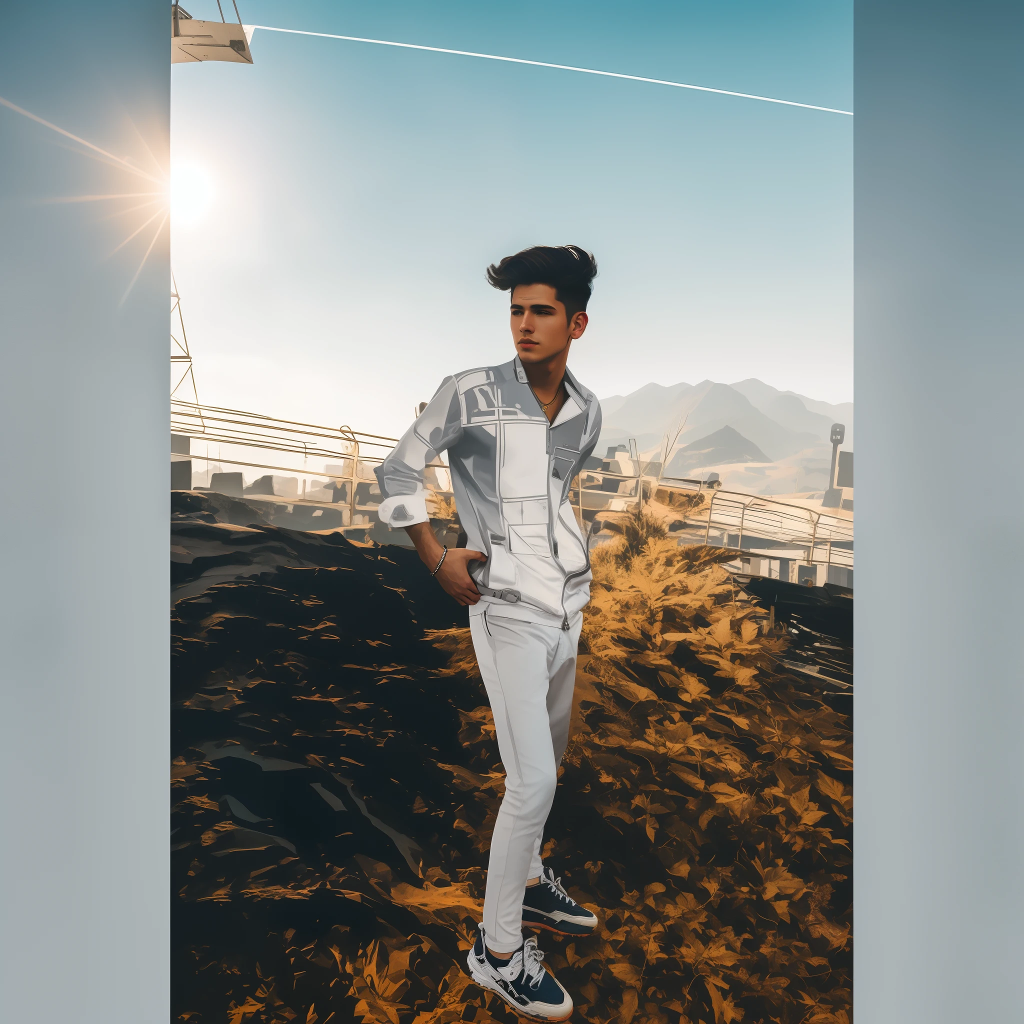 Mountain background cyberpunk handsome boy realistic face blue sky