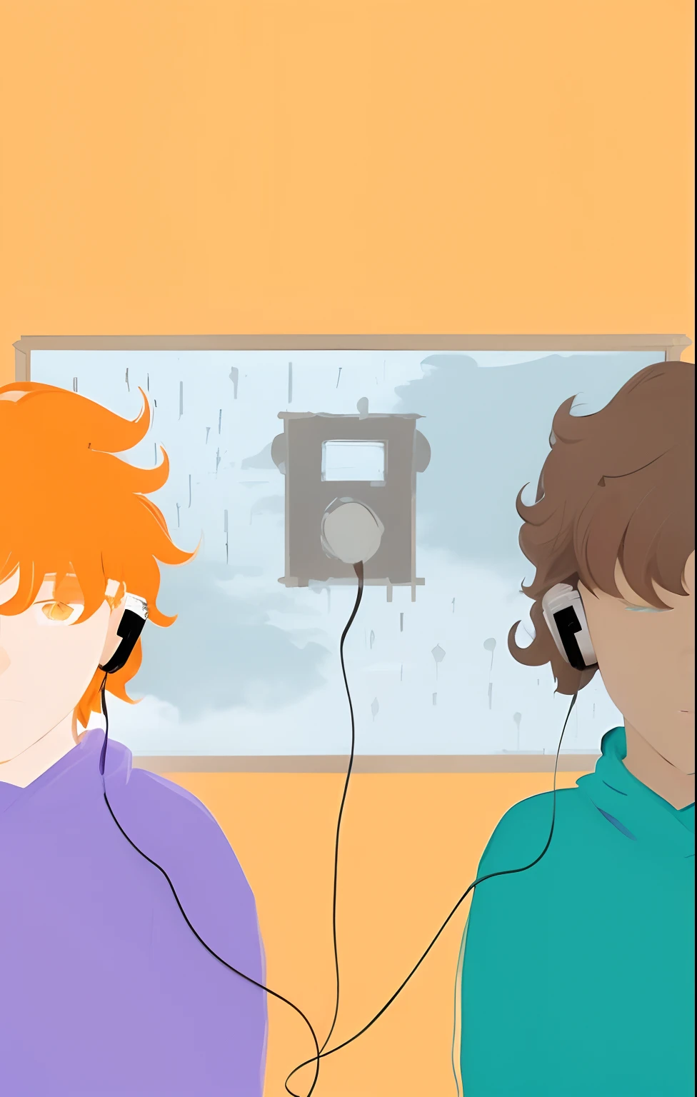 Two guys listening to music. um celular, it's raining, tem chuva. Dois homens de fone, ....3d, o homem do lado direito tem pele negra. O homem do lado esquerdo tem cabelo ruivo. Imagem ....3d, Imagem realista. dark strokes., striking traits, Ambiente escuro, parada laranja. A window showing a dark sky with dark clouds and rain. Uma fita k7 no meio da janela.