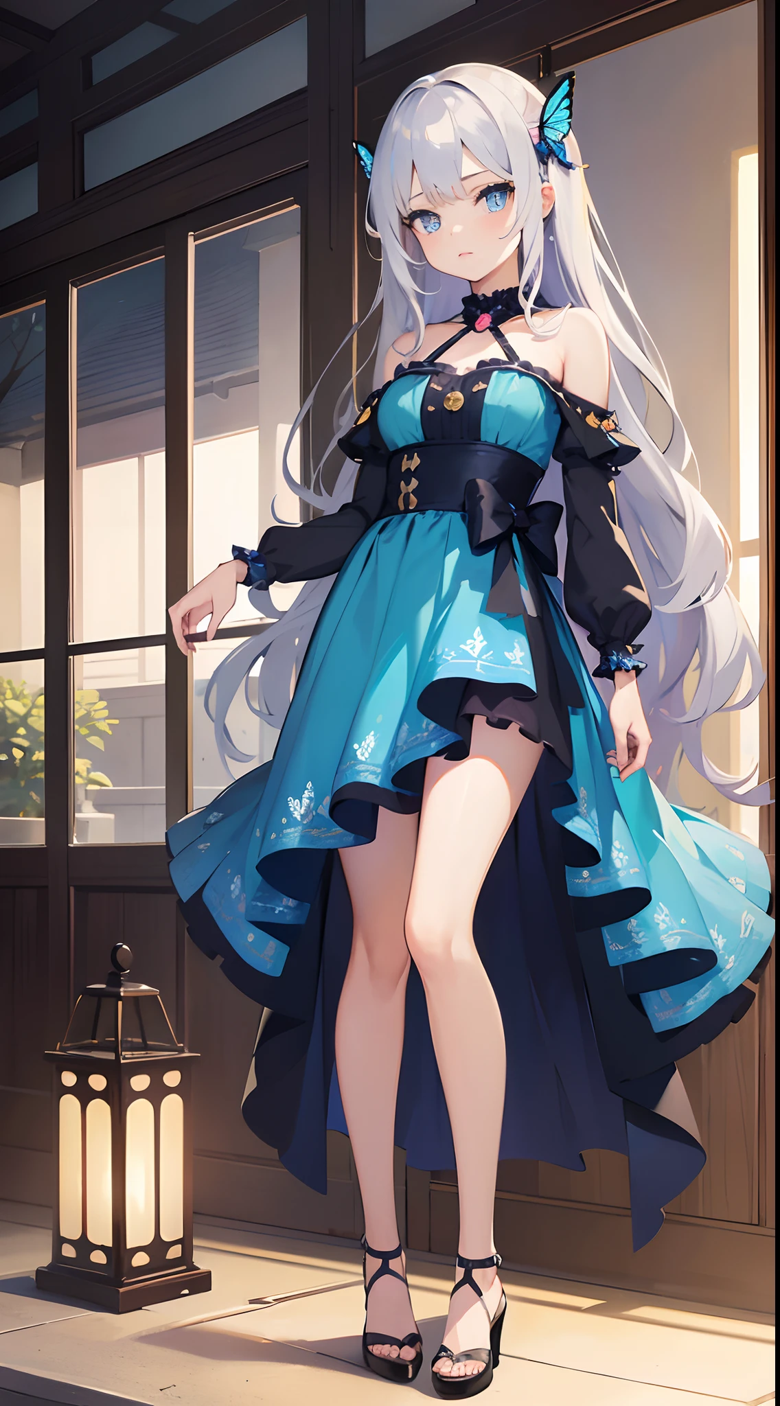 (Very beautiful anime girl with silver hair),(long wavy hair,without ponies),(blue eyes,detailed eyes,uhd resolution),(perfect anime fotos,Made anime studios),(medium breast,medium body, girl),(age down,cute face),((full body shot,arm behind head)),((Butterfly pattern dress:2,0)),((chest open)),((off-shoulders)),(solo,1-girl),((princess acsesory))