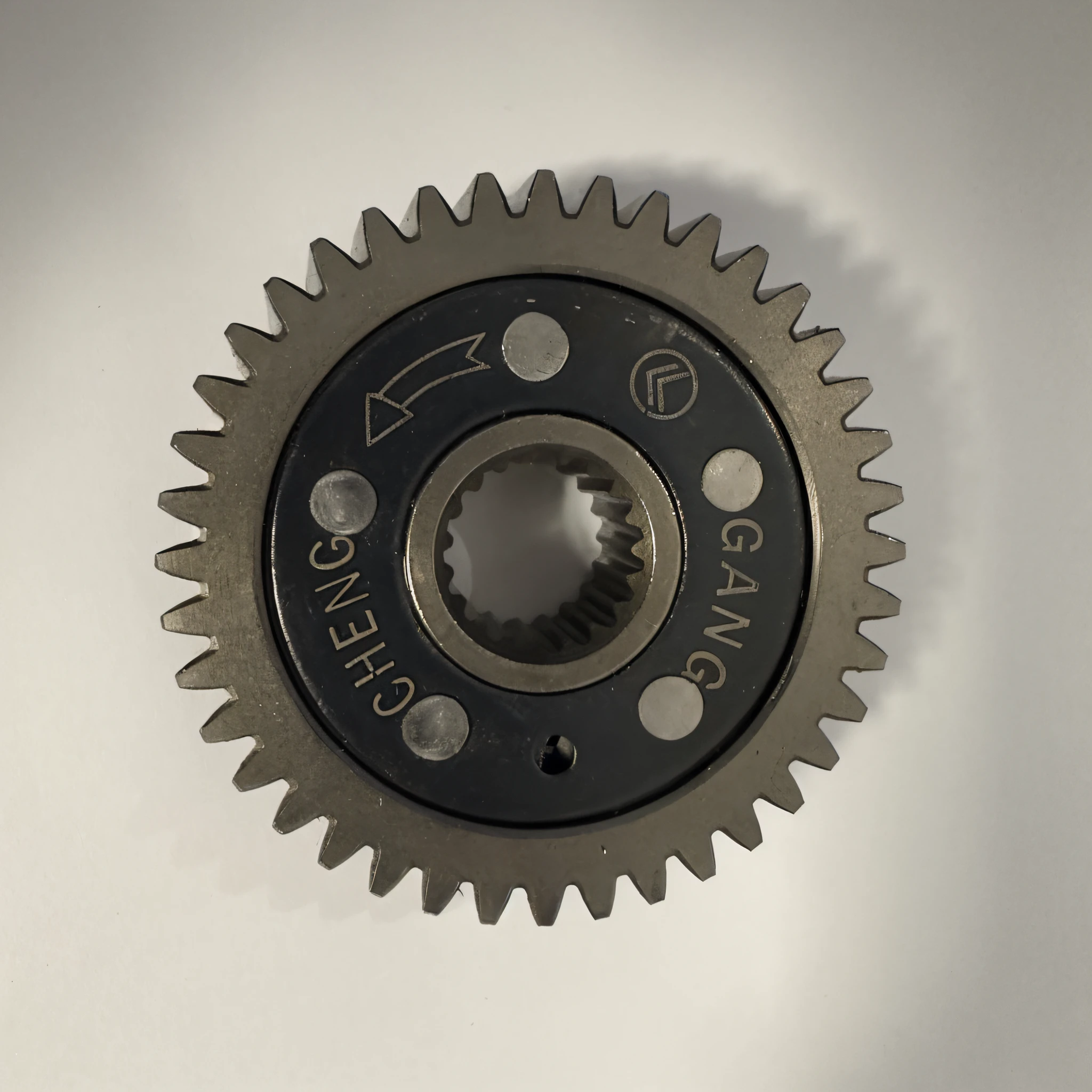 Gears on a white surface,With black and silver logo, Planetary gears, Mechanical gears, gear wheel, gear wheel, (gear wheel), Exposed inner gear, gear wheel, ((gear wheel)), metal gears, high detail product photo, Top view, central image, blue - grey gear, gear aurora, gear halo, List image, product image, upper view, Product photo,External teeth 40,Internal teeth 19