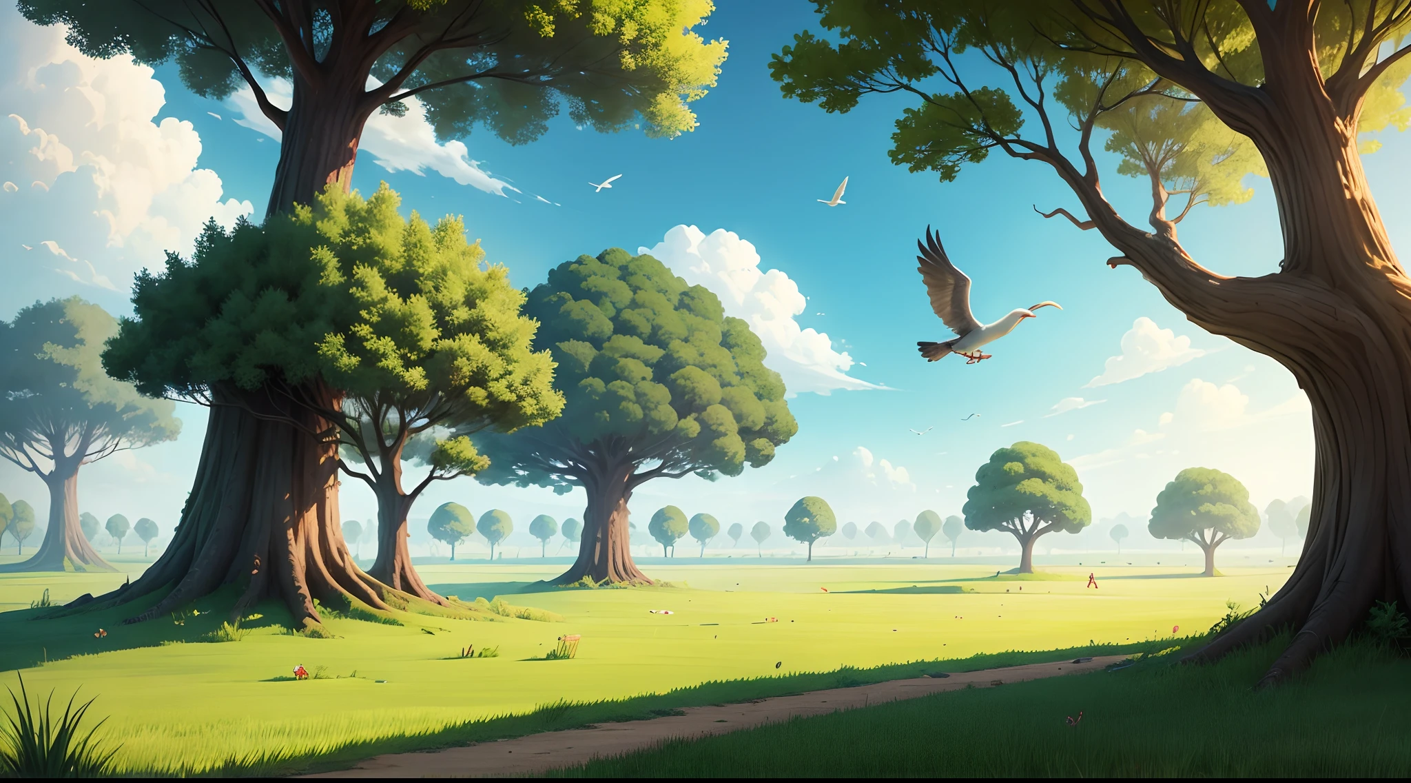 Cartoon grass land filed , tree , flying birds in sky in cartoon