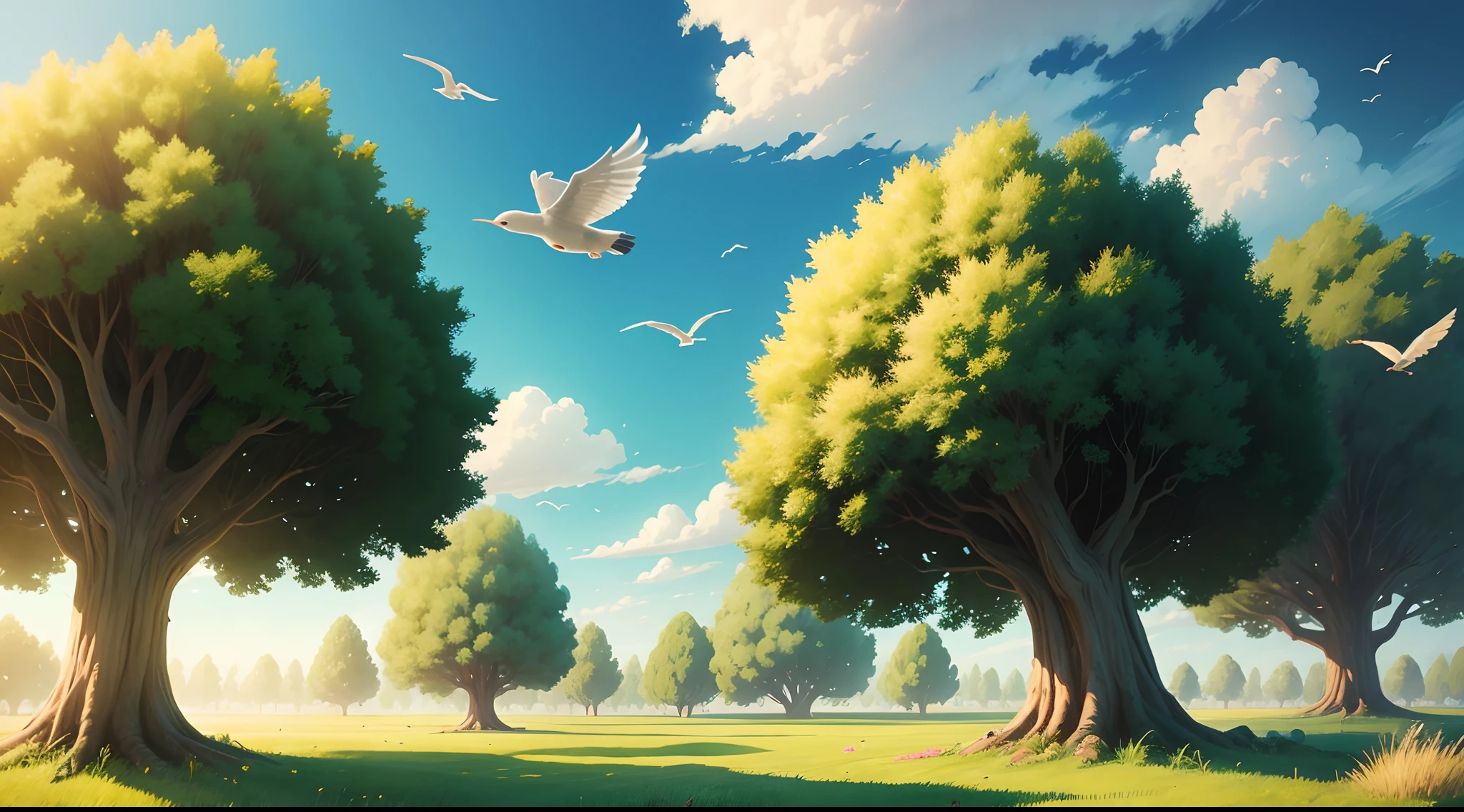 Cartoon grass land filed , tree , flying birds in sky in cartoon