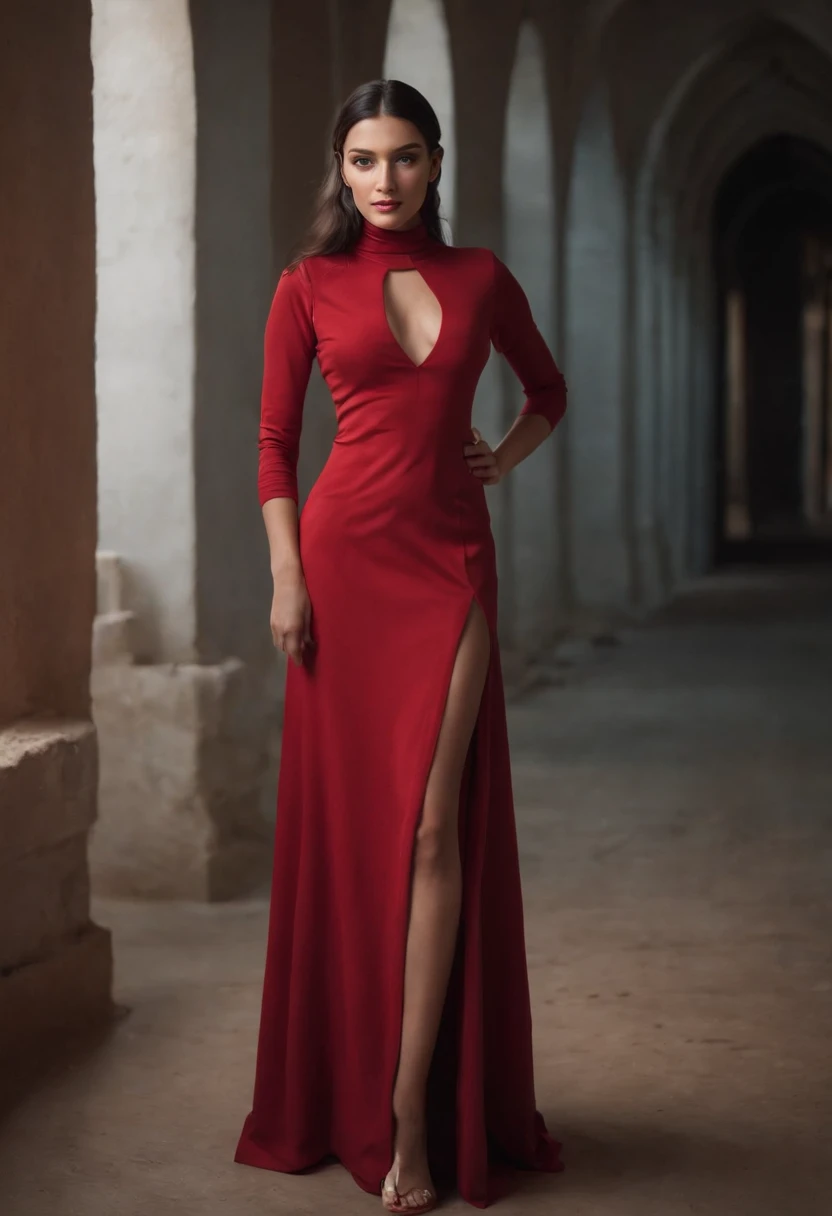 , emilisia gomezi, tall, gorgeous, spanish descent, age 23, smooth skin, black hair. red color turtle neck, simple silver necklace, working at the underground base, highly detailed, well lit, 8k, reviewing artifacts, holding a long whip. amazing detail, slim curvy, tall, walking towards you, full body shot, showing her detailed feet, toes, nails done in red