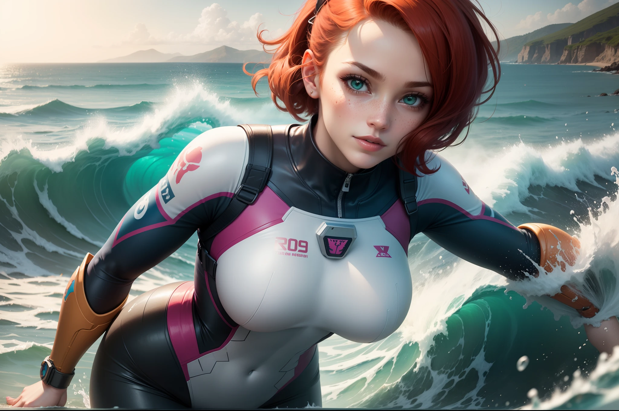 gwen tennyson,1girl,tracer,d.va,rebecca chambers,overwatch,gundam,close up,mecha pilot,ocean view,red and rose plugsuit,hair pin,pirate corset, white long sleeve lycra top,orange leggings,short hair,cute makeup,green eyes,orange and blue hair,shy smile, freckles,redhead,beautiful girl,large breasts,ultra detailed,realistic,fantasy art, sea waves,surfing jacket,inside water,