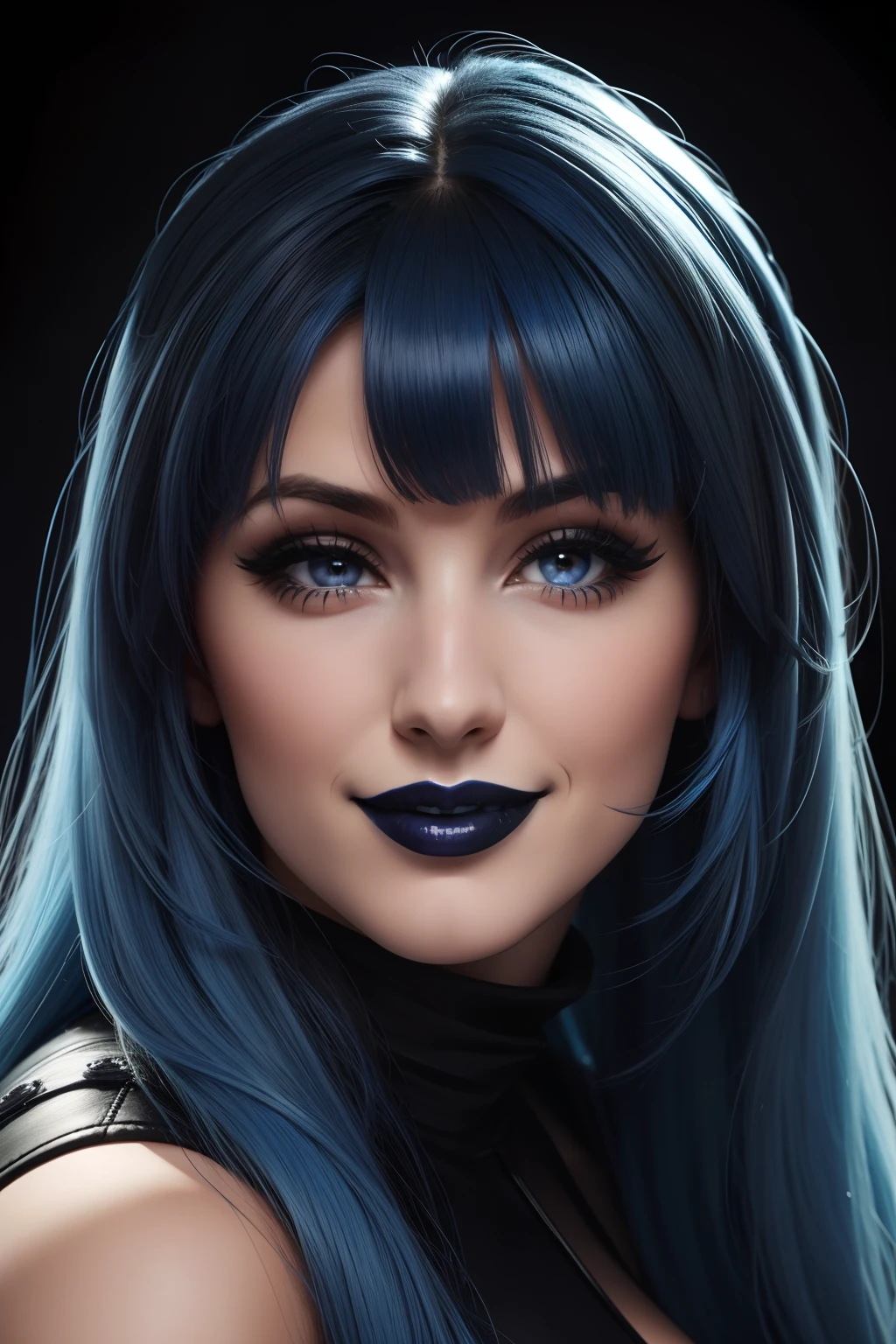 lucy pinder, face portrait, blue hair, smiling, black lipstick