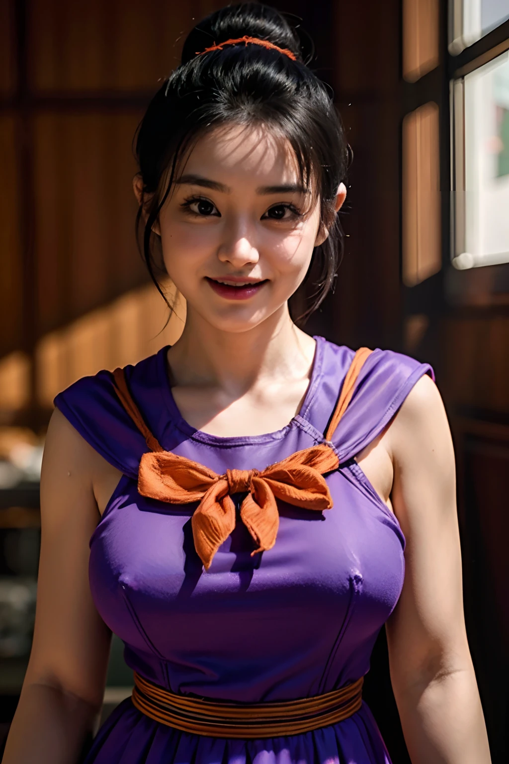 absurdres, high quality, detailed, (solo:1.3), closeup portrait,a high resolution photo of chichi_dbz, standing, solo, large_breasts,Purple_Dress_Orange_Neckerchief, masterpiece, best quality, detailed face, detailed eyes, highres,cinematic, atmospheric, 8k, realistic lighting, shot by Hassleblad H6D, Zeiss, Kodachrome, nikon, 50mm 1.2 lens, Octane Render, unreal engine 5, Adobe After FX, highly detailed, intricate detail, asian female, smile