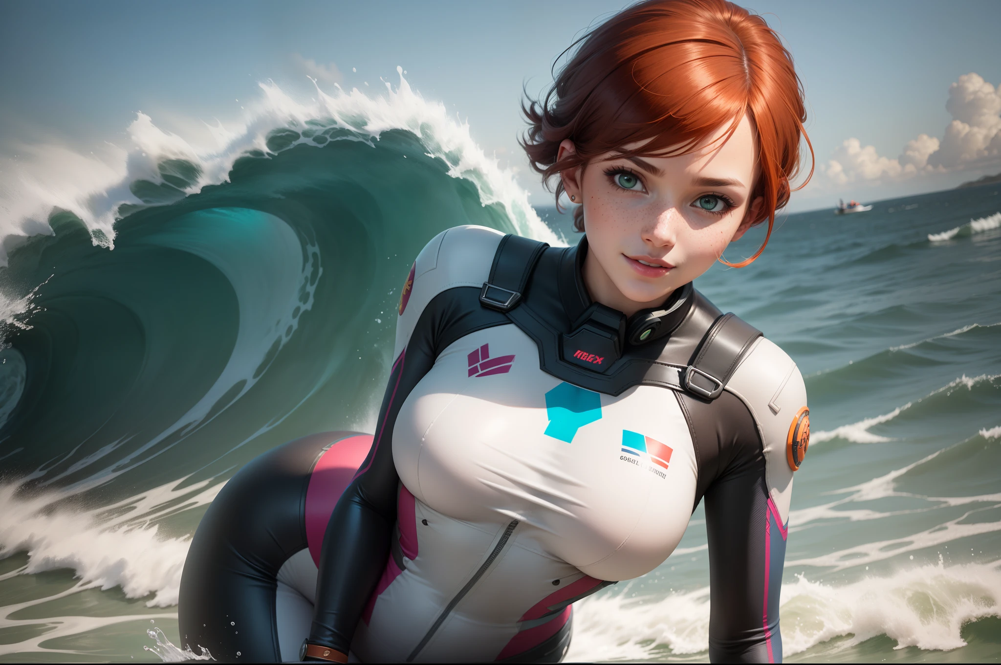 gwen tennyson,1girl,tracer,d.va,rebecca chambers,overwatch,gundam,close up,mecha pilot,ocean view,red and rose plugsuit,hair pin,pirate corset, white long sleeve lycra top,orange leggings,short hair,cute makeup,green eyes,orange and blue hair,shy smile, freckles,redhead,beautiful girl,large breasts,ultra detailed,realistic,fantasy art, sea waves,surfing jacket,inside water,