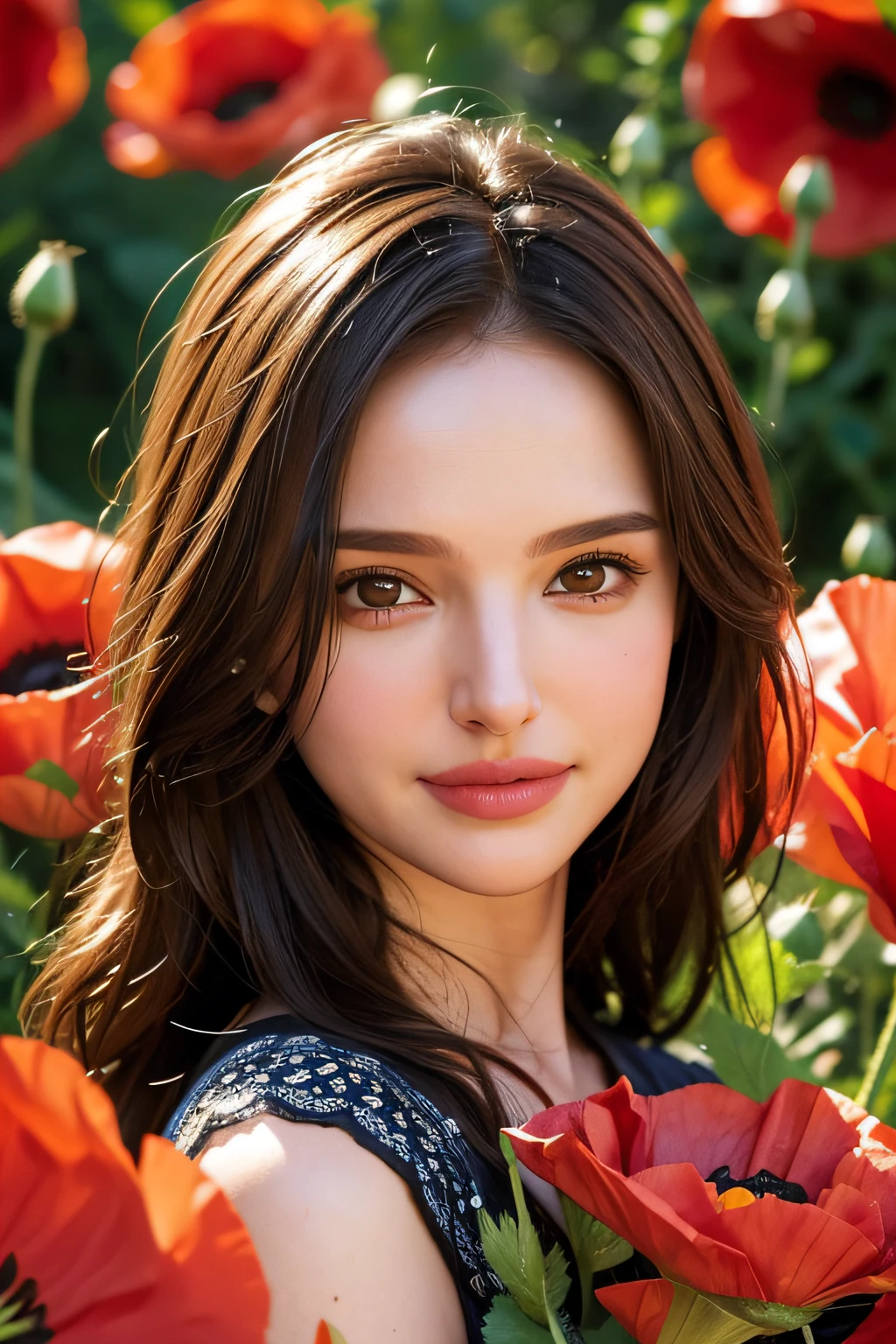 (pixer style: 1.25) portrait of girl, Natalie portman, Smiles, Flower basket overgrown with poppy flowers and waist length, Natural Skin Texture, 4K textures, nffsw, with an intricate, Highly detailed, Sharp Focus, Cinematic Look, ultra-detailliert