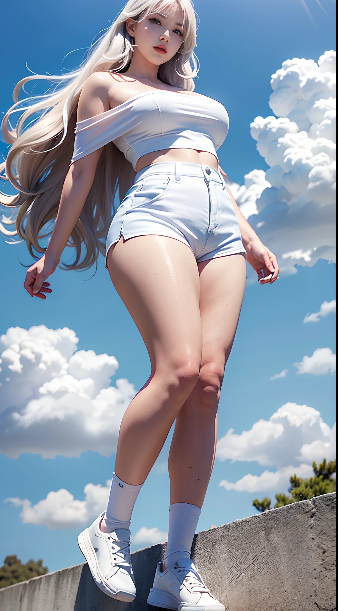 （tmasterpiece，realisticlying，A high resolution），（（Extremely tall, plump and sexy 1 girl）：Full body lens 1.2），korean people，（（White wavy hair）：1.3），（heterochromatic eyes：1.1，Thick eyebrows，Little moles under the eyes），tiese，（White color blouse，Red sports shorts，White shoes），（（Oversized breasts）：1.2，broad shoulder，big breasts thin waist，Exaggerated huge fat buttocks，Super long big thick legs），exteriors，with blue sky and white clouds，full body shot shot。