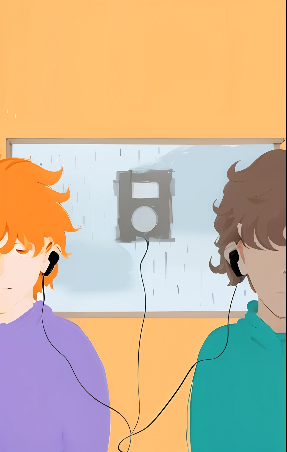 Two guys listening to music. um celular, it's raining, tem chuva. Dois homens de fone, ......3d, o homem do lado direito tem pele negra. O homem do lado esquerdo tem cabelo ruivo. Imagem ......3d, imagem realista. dark strokes., striking traits, Ambiente escuro, parada laranja. A window showing a dark sky with dark clouds and rain. Uma fita k7 no meio da janela. Orelha com fone de ouvido.