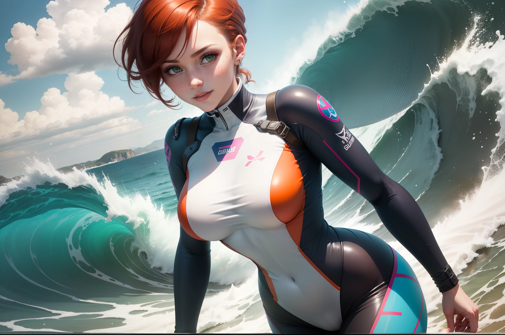 gwen tennyson,1girl,tracer,d.va,rebecca chambers,overwatch,gundam,close up,mecha pilot,ocean view,red and rose plugsuit,hair pin,pirate corset, white long sleeve lycra top,orange leggings,short hair,cute makeup,green eyes,orange and blue hair,shy smile, freckles,redhead,beautiful girl,large breasts,ultra detailed,realistic,fantasy art, sea waves,surfing jacket,inside water,