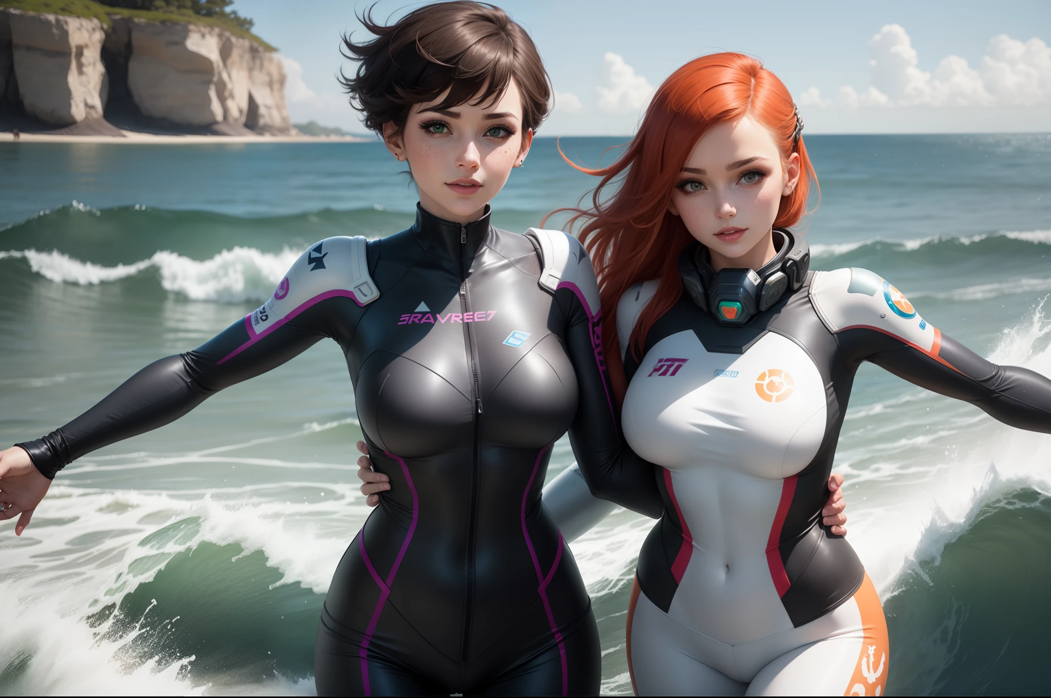 gwen tennyson,1girl,tracer,d.va,rebecca chambers,overwatch,gundam,close up,mecha pilot,ocean view,red and rose plugsuit,hair pin,pirate corset, white long sleeve lycra top,orange leggings,short hair,cute makeup,green eyes,orange and blue hair,shy smile, freckles,redhead,beautiful girl,large breasts,ultra detailed,realistic,fantasy art, sea waves,surfing jacket,inside water,