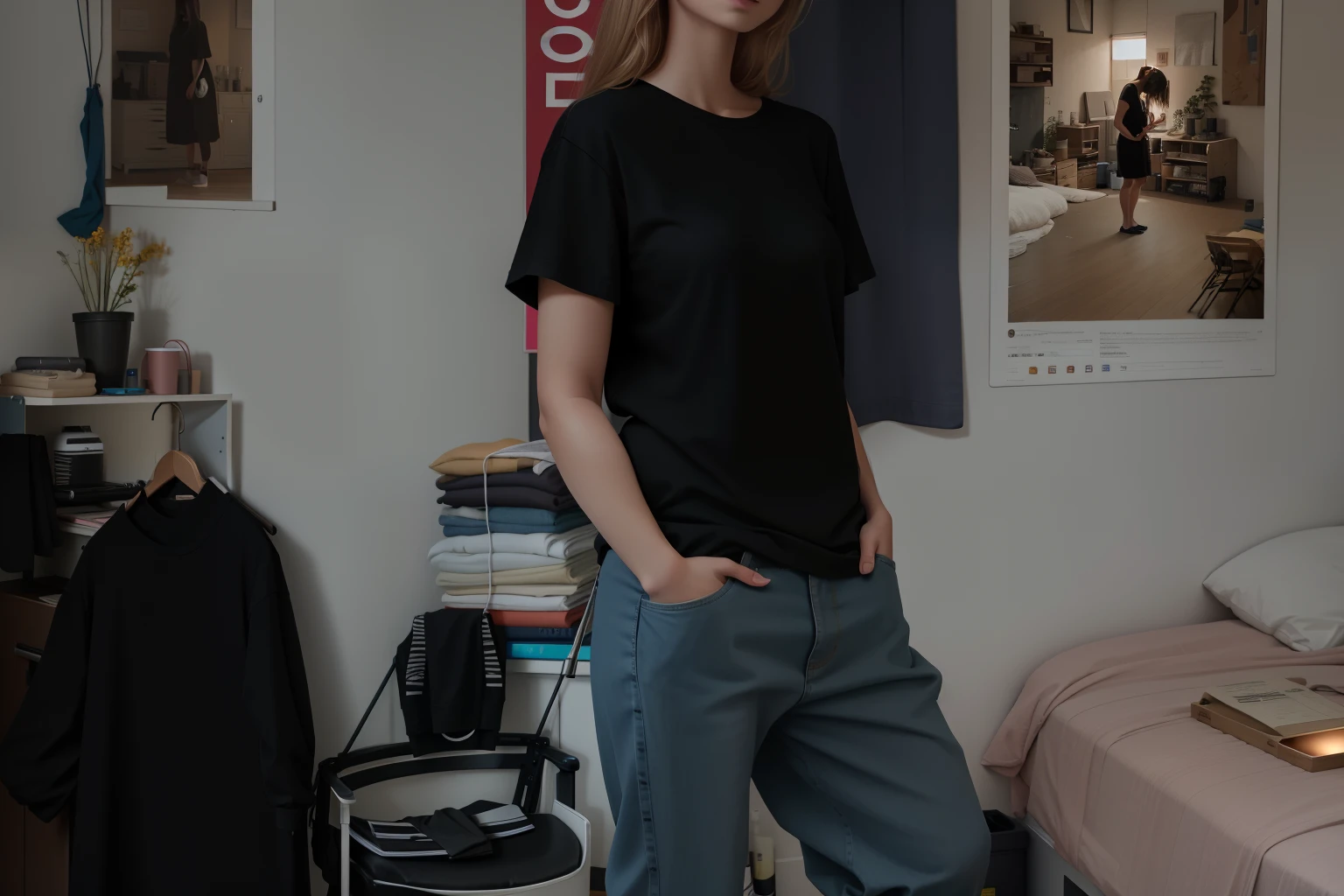 there is a girl standing in a bedroom with a chair, distant full body shot, standing in corner of room, full body wide shot, cinematic full body shot, fullbody shot, full - body - front - shot, standing in a dimly lit room, full body photo of steve, full body picture, she is wearing a black t-shirt