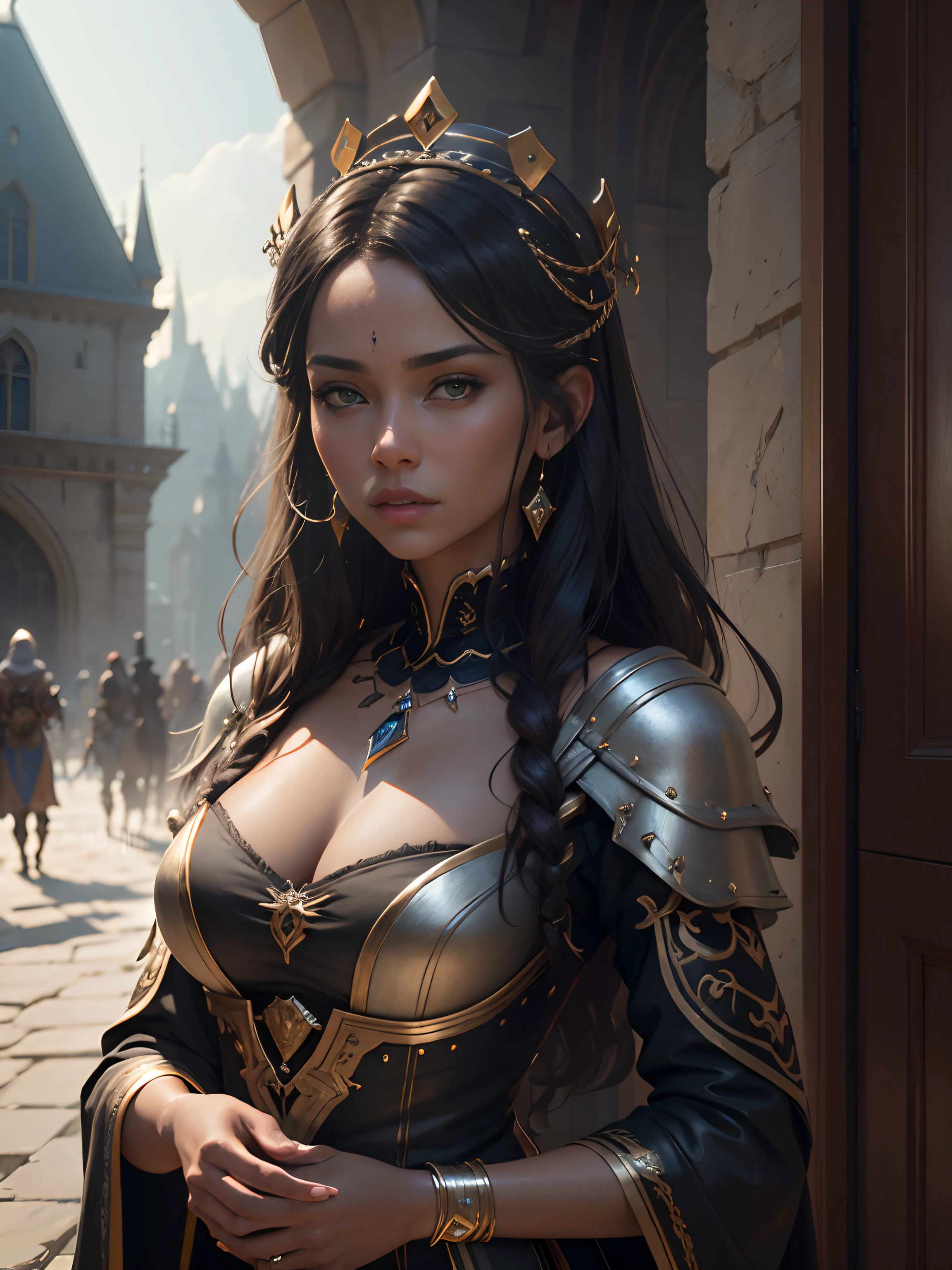 (masterpiece, top quality, best quality, official art, beautiful and aesthetic:1.2), 1 female SYLVANA WINDRUNNER time to wake up, , beautiful detailed eyes, beautiful detailed lips, extremely detailed face and skin, long eyelashes, intricate hairstyle, elegant dress, serene expression, standing in a lush garden, ornate fountain, blooming flowers, sunlight filtering through trees, warm color palette, cinematic lighting