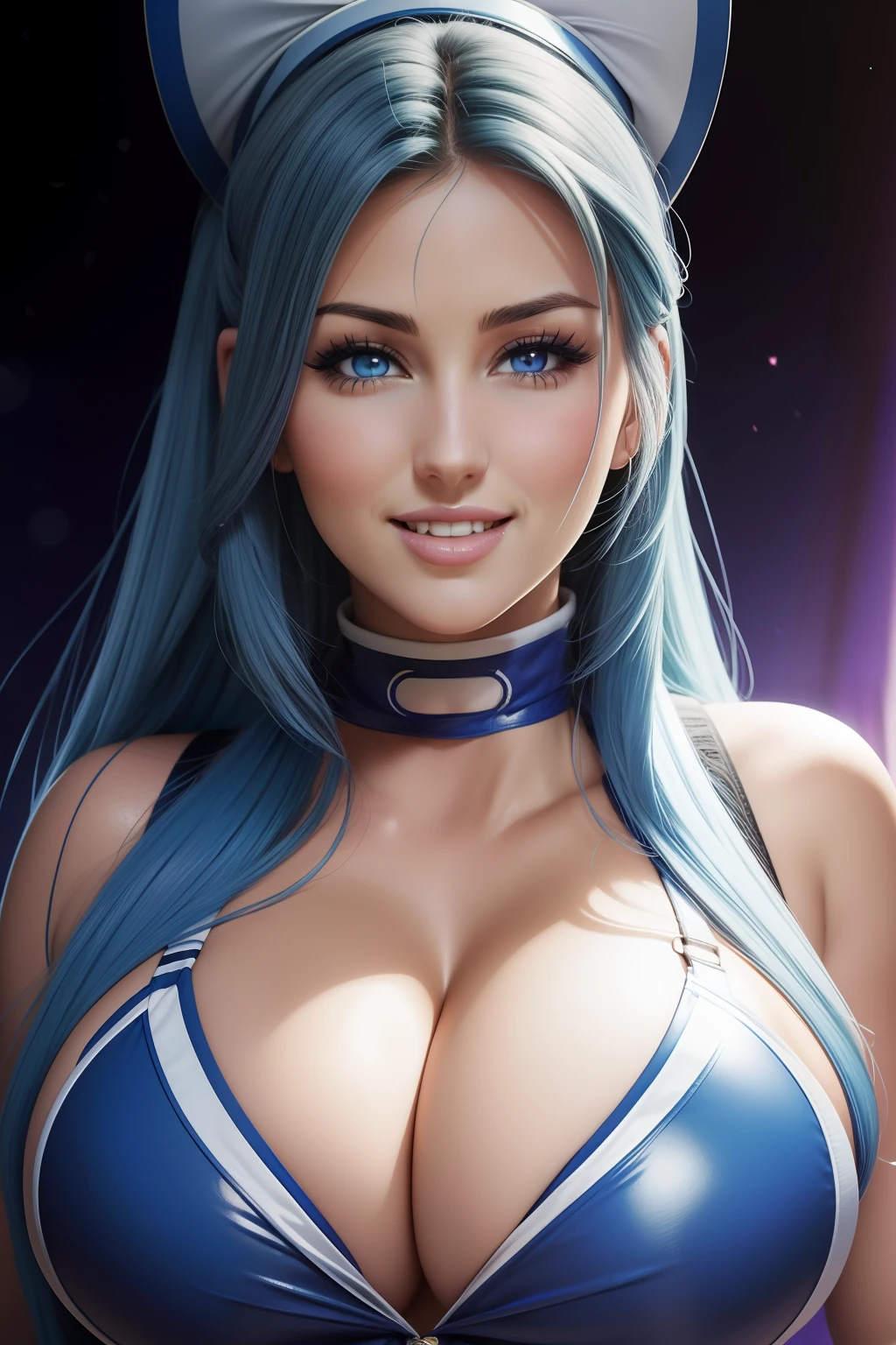 lucy pinder, face portrait, anime character, smiling, cleavage, Esdeath, blue lipstick