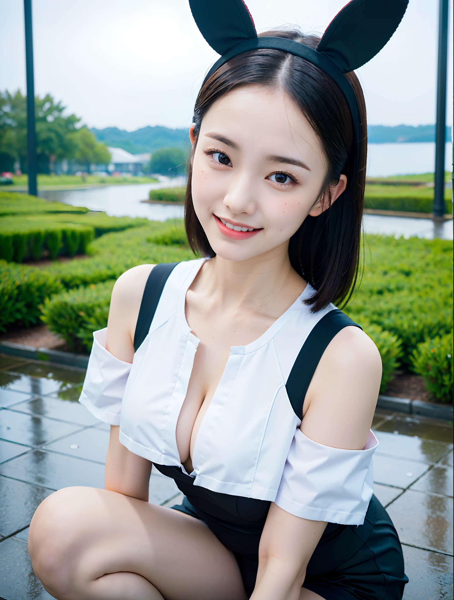 Alafe sitting in the rain、As if Lisa Simpson came back to life, leaked image, leaked photo, at instagram, dilraba dilmurat, ruan cute vtuber, cartoonish cute, Hannah Alisa Omale, Instagram, Larisa Manobal, eva elfie, katelynn mini cute style、huge-breasted、sensual breasts、Sensual body、Glaring eyes、short-cut、Rabbit ear headband、Ground angle、fully body photo、Beautiful feet、Smiling、Black Uniform、