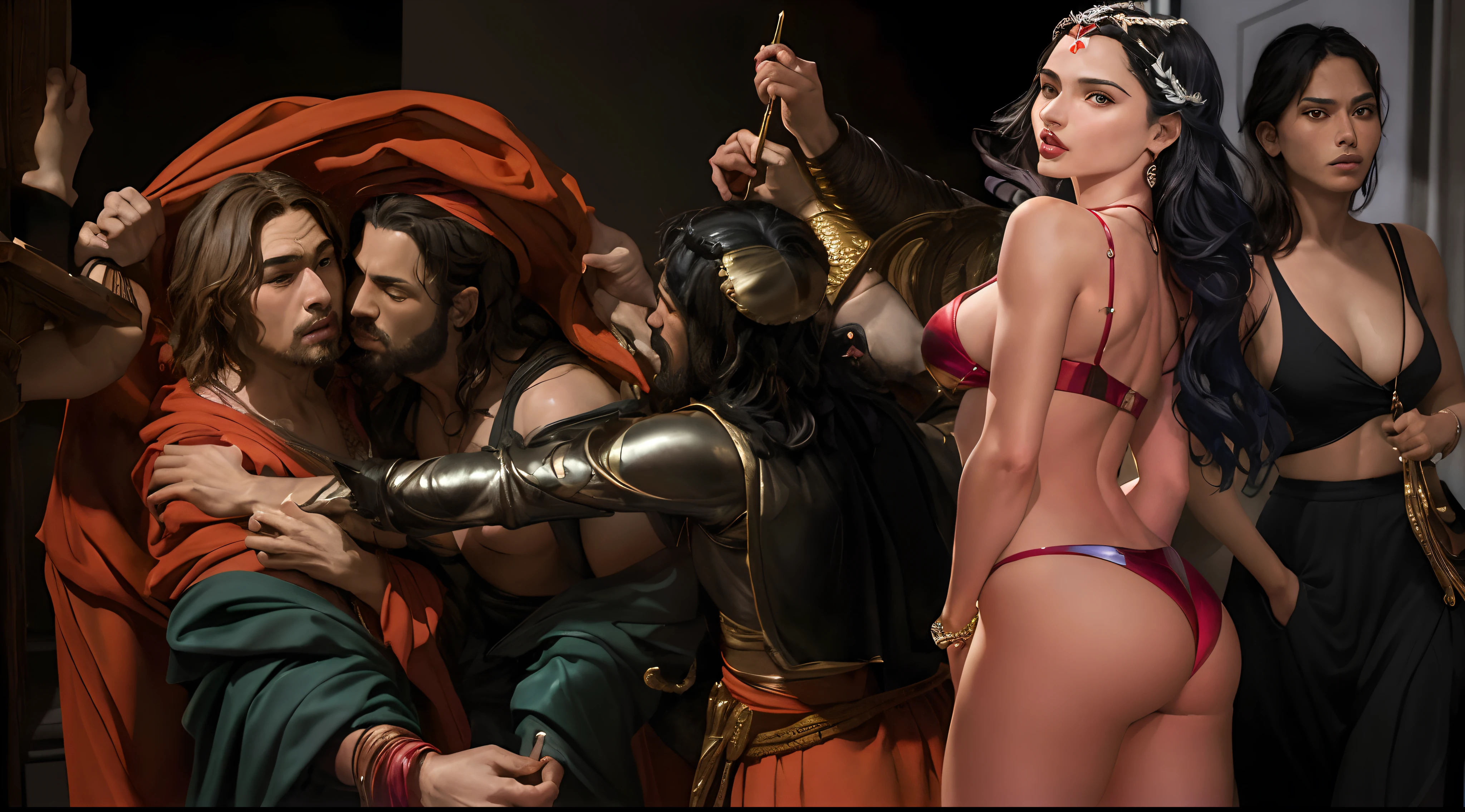 arafed woman in a bikini and a man in a costume, caravaggio and artgerm, sexy painting of gal gadot, caravaggesque style, zenescope, artgerm and genzoman, inspired by Magali Villeneuve, style ivan talavera and artgerm, ana de armas as joan of arc