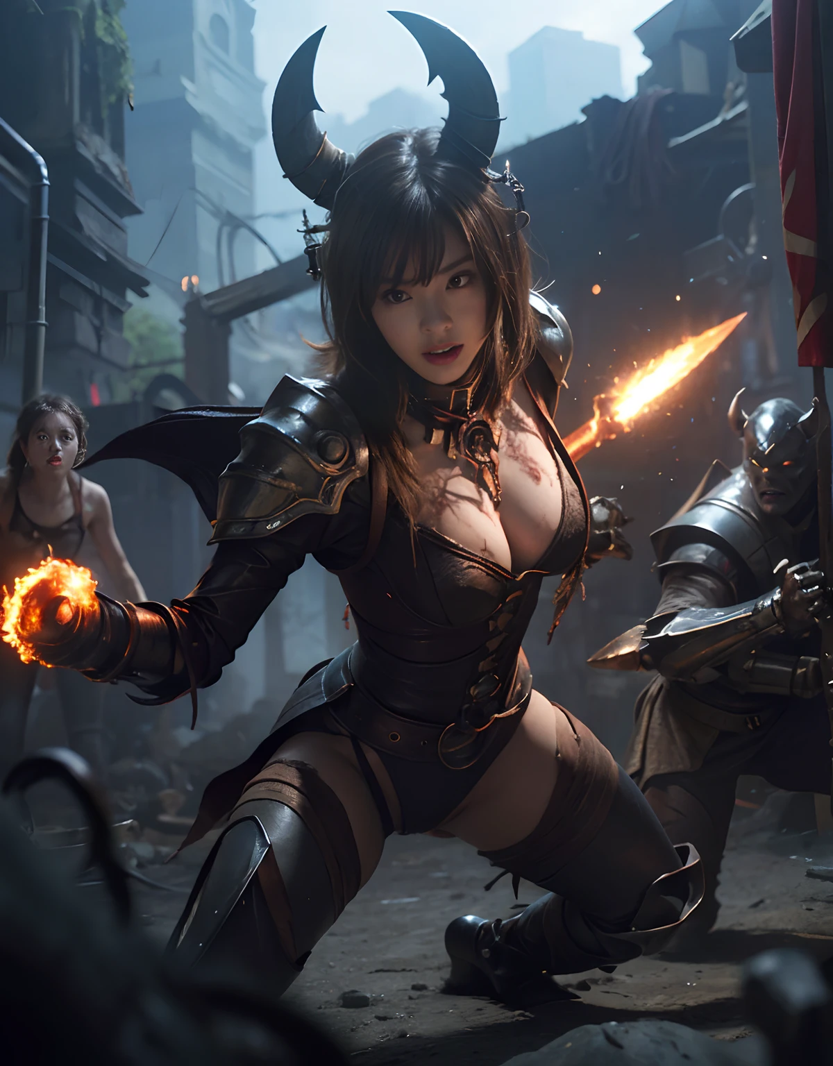(One Knight Girl)、top-quality、masterpiece、超A high resolution、(Photorealsitic:1.4)、Raw photo、女の子1人、Fight mutants、(Wear the Dark Knight's Armor)、glowy skin、(((Dark Fantasy)))、With a beautiful sword and shield、(Black Metal Bodysuit)、(Fight goblins、ogre、Fierce battle with orcs),(Fight fiercely against aliens)、Fight fiercely、(Skeleton collective background),(Background of decaying dungeon ruins)、(Skeleton helmet)、(Fighting Demonic Beasts)、(Small LED)、((super realistic details))、portlate、(Strong giant demon beast background),globalillumination、Shadow、octan render、8K、ultrasharp、Colossal tits、Raw skin is exposed in cleavage、metals、Details of complex ornaments、Japan details、highly intricate detail、Realistic light、(Mystical expression),CGSoation Trends、Red Eyes、radiant eyes、Facing the camera、neon details、(Mechanical limbs)、(blood vessels connected to tubes)、()、Gundam、Small LED、Toostock、(Fight aliens on another planet)、(Attack of the Monster Beasts)、(Wounded in a deadly battle)、