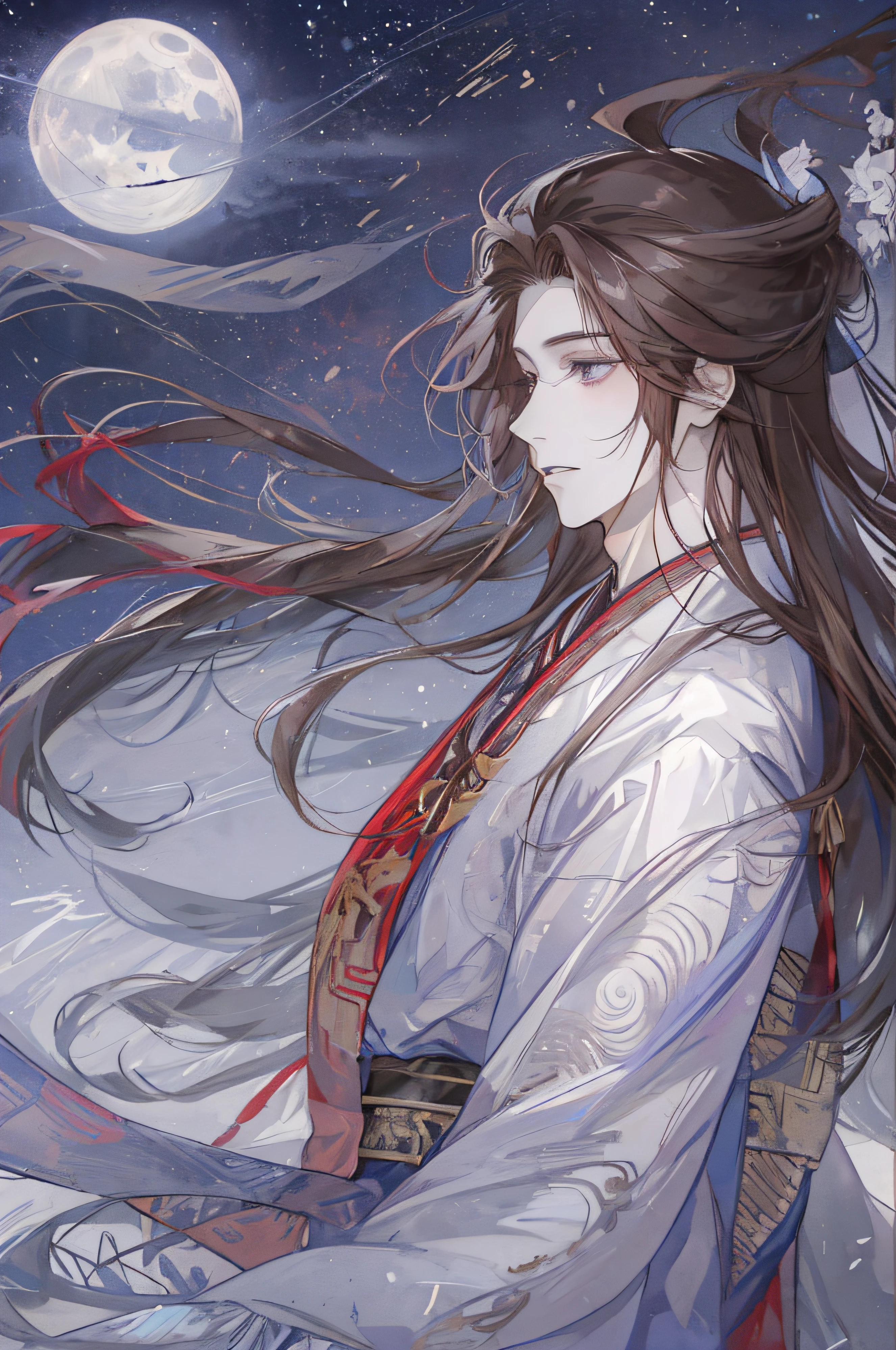The male,Male,Red and white Hanfu,Brown hair long,Long flowing hair,Wide robe with large sleeves,Ancient wind,Purple pupils,gentleness,The clothes do not have any patterns,laughingly,softlighting,water ink,Behind it is the full moon,low-saturation,low-contrast,led floodlights
