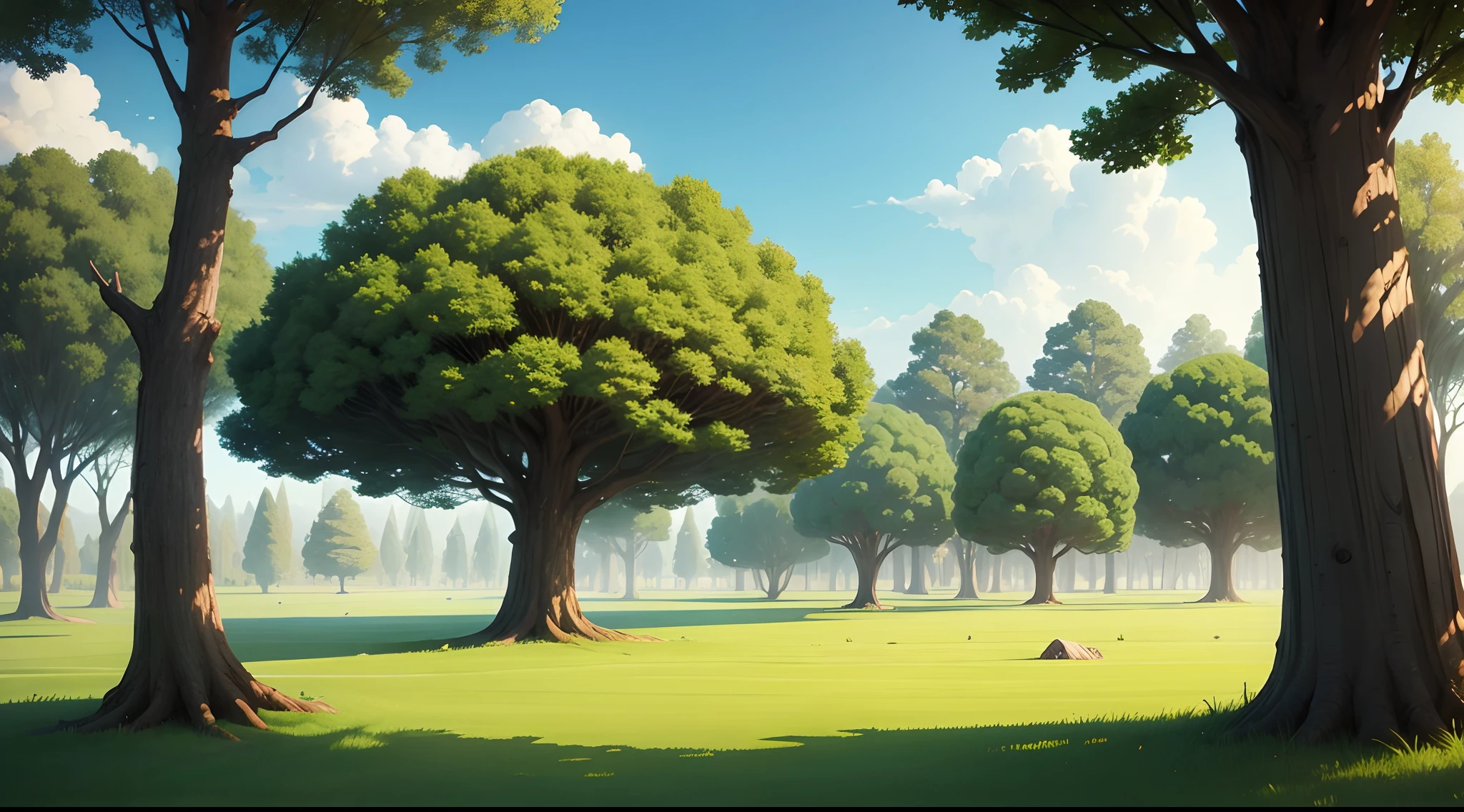 Cartoon grass land filed , tree ,sky in cartoon
