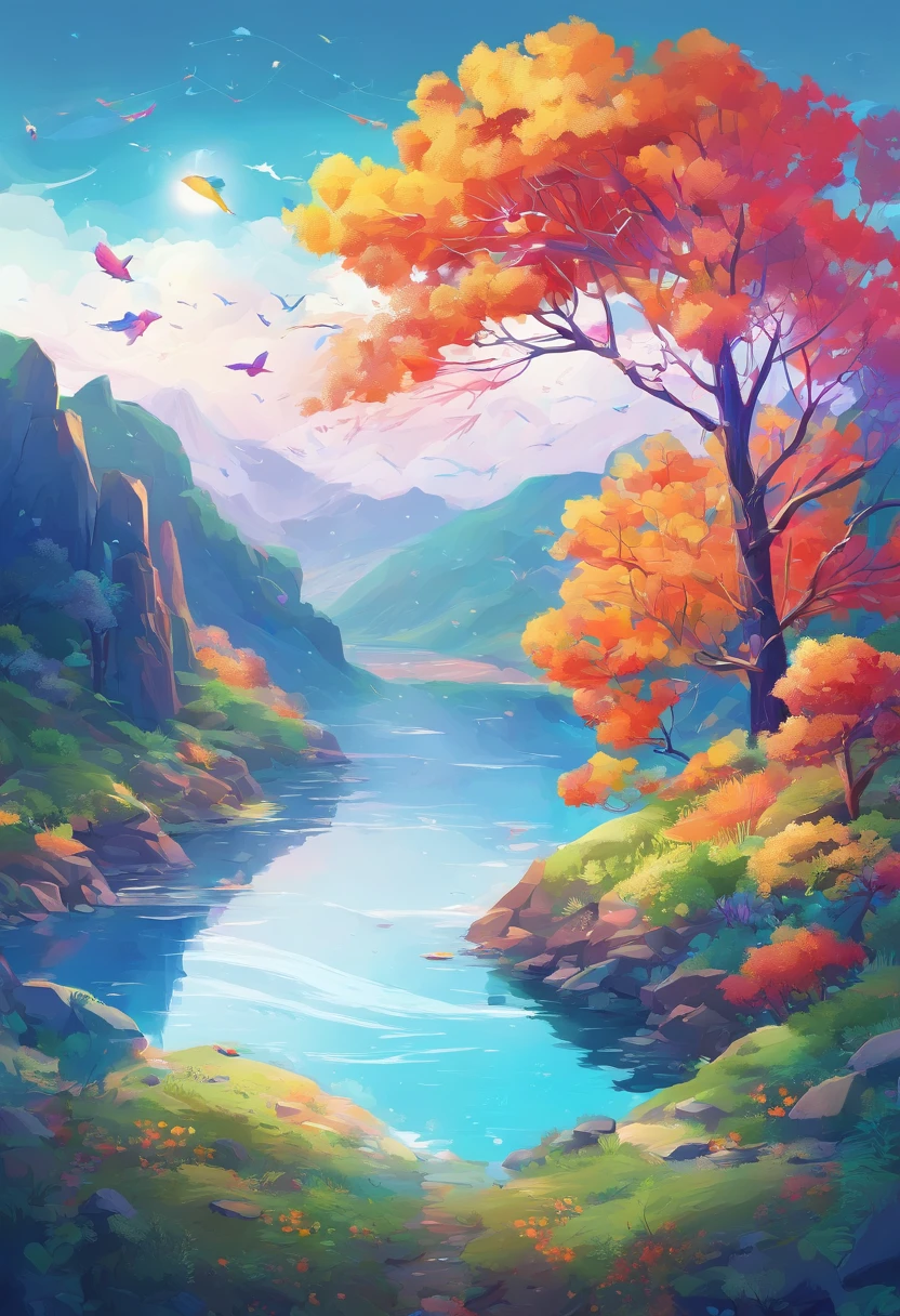 （（Rainbow after rain）），Skysky, blue colors, baiyun, after rainny, rays of sunshine, refractions, Seven colors, Red, Orange, Yellow, Green, Blue, Violet, arc-shaped, A bridge to heaven, llight rays, dream magical, wanting, Calm lake, inverted image, The outline of the tree, Birds fly, freshen, magical, Beautiful natural landscape