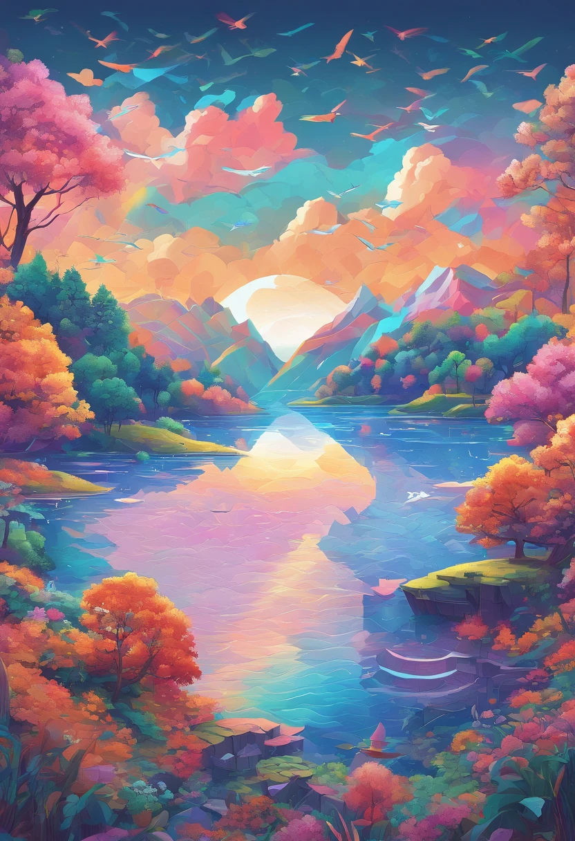 ((Rainbow after rain)),Skysky, blue colors, baiyun, after rainny, rays of sunshine, refractions, Seven colors, Red, Orange, Yellow, Green, Blue, Violet, arc-shaped, A bridge to heaven, llight rays, dream magical, wanting, Calm lake, inverted image, The outline of the tree, Birds fly, freshen, magical, Beautiful natural landscape