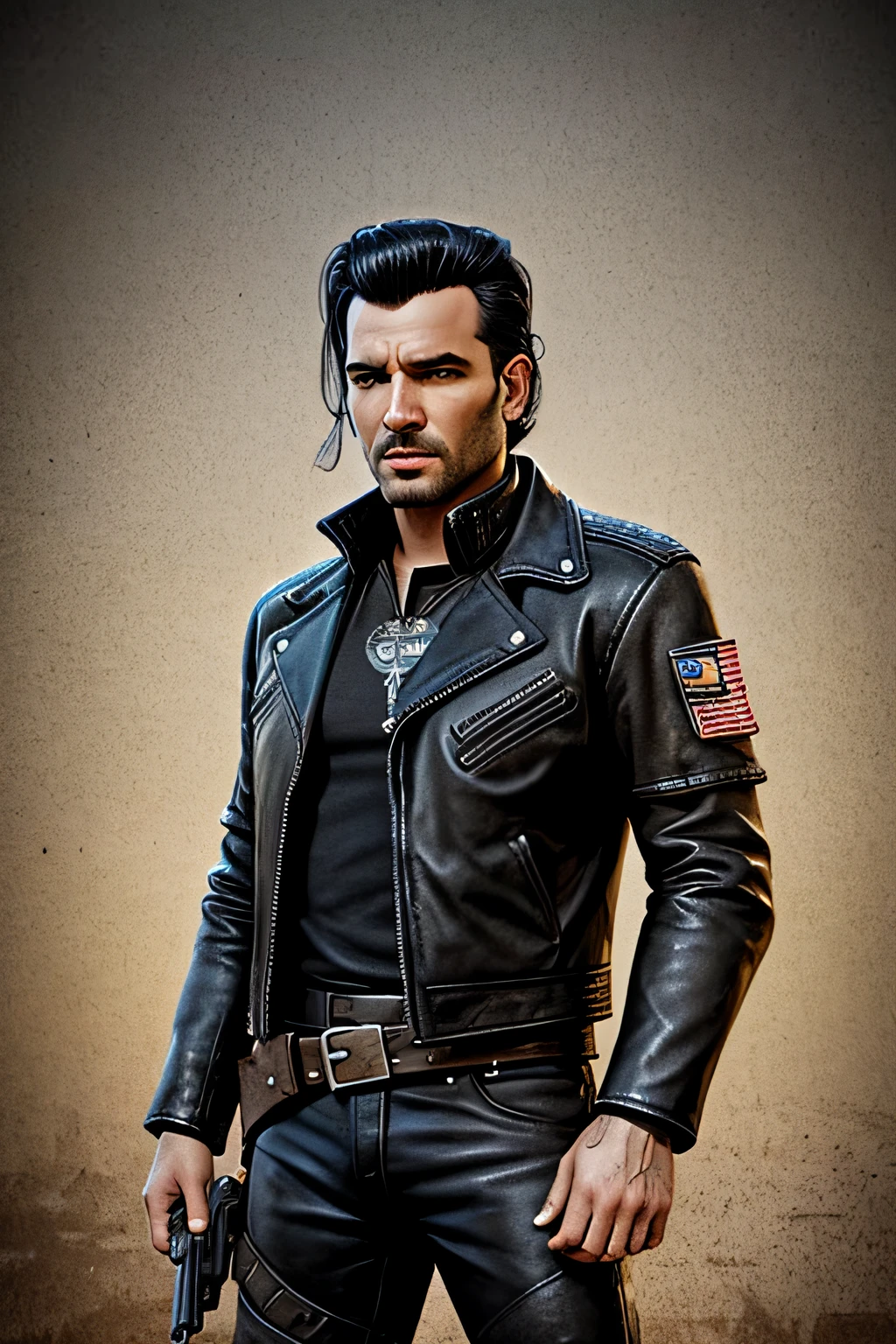 Outlaws in the wasteland, Black hair, Black leather jacket, patches, retrofuturism, fallout, 50s