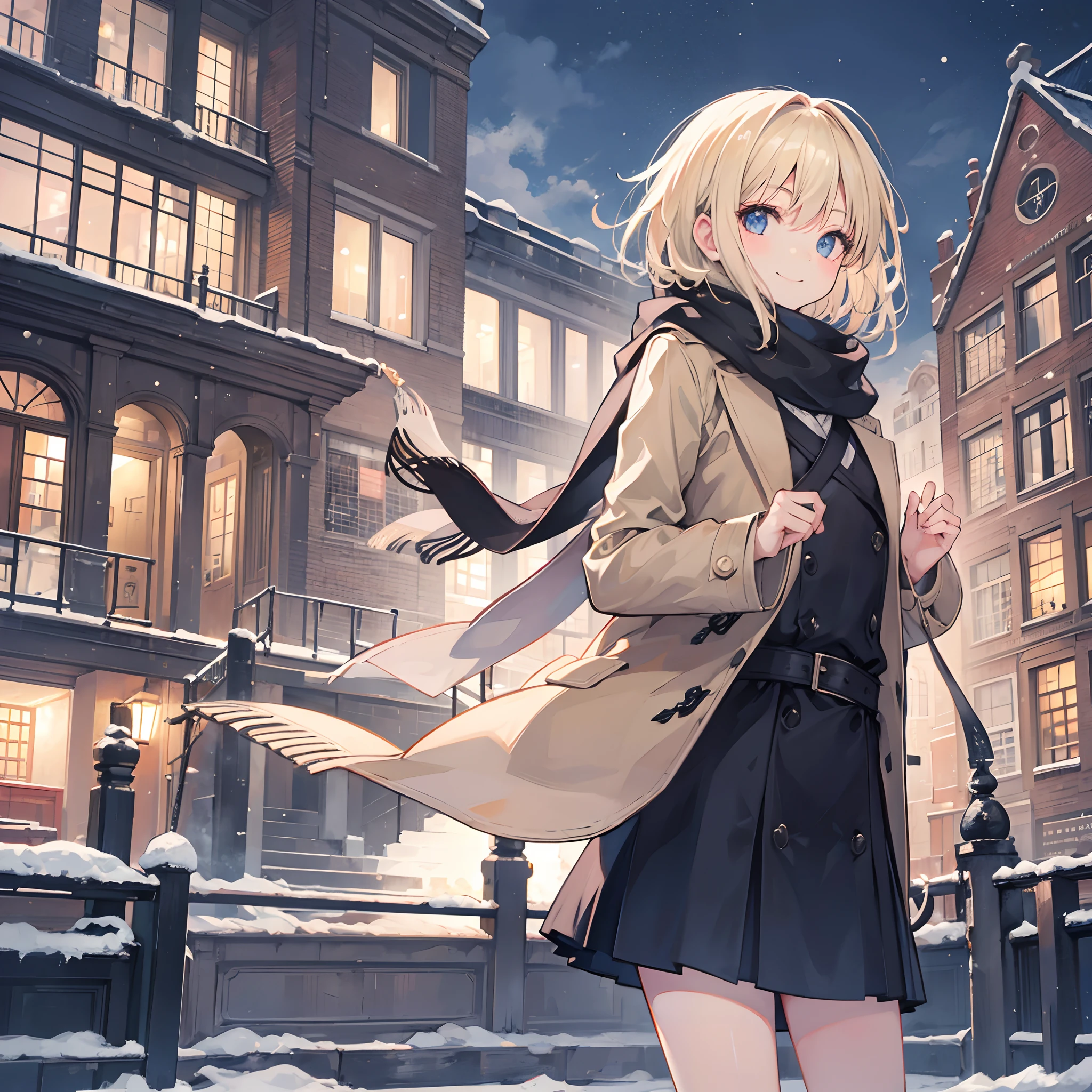1 girl, smiling, european, winter coat, scarf, skirt, (small) chillerism, short blonde hair, Amsterdam
