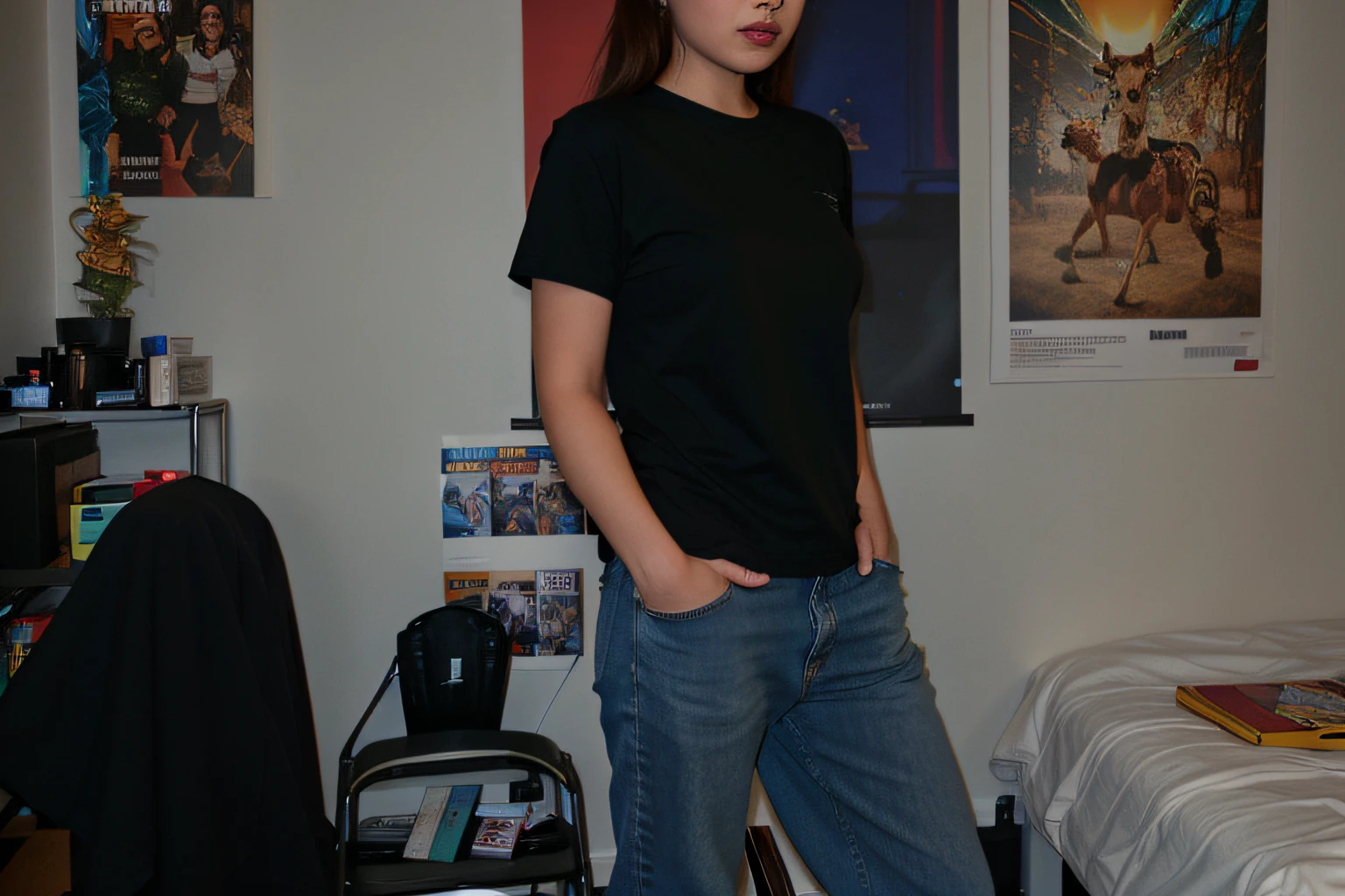 there is a girl standing in a bedroom with a chair, distant full body shot, standing in corner of room, full body wide shot, cinematic full body shot, fullbody shot, full - body - front - shot, standing in a dimly lit room, full body photo of bambi, full body picture, she is wearing a black t-shirt, she has very large breasts